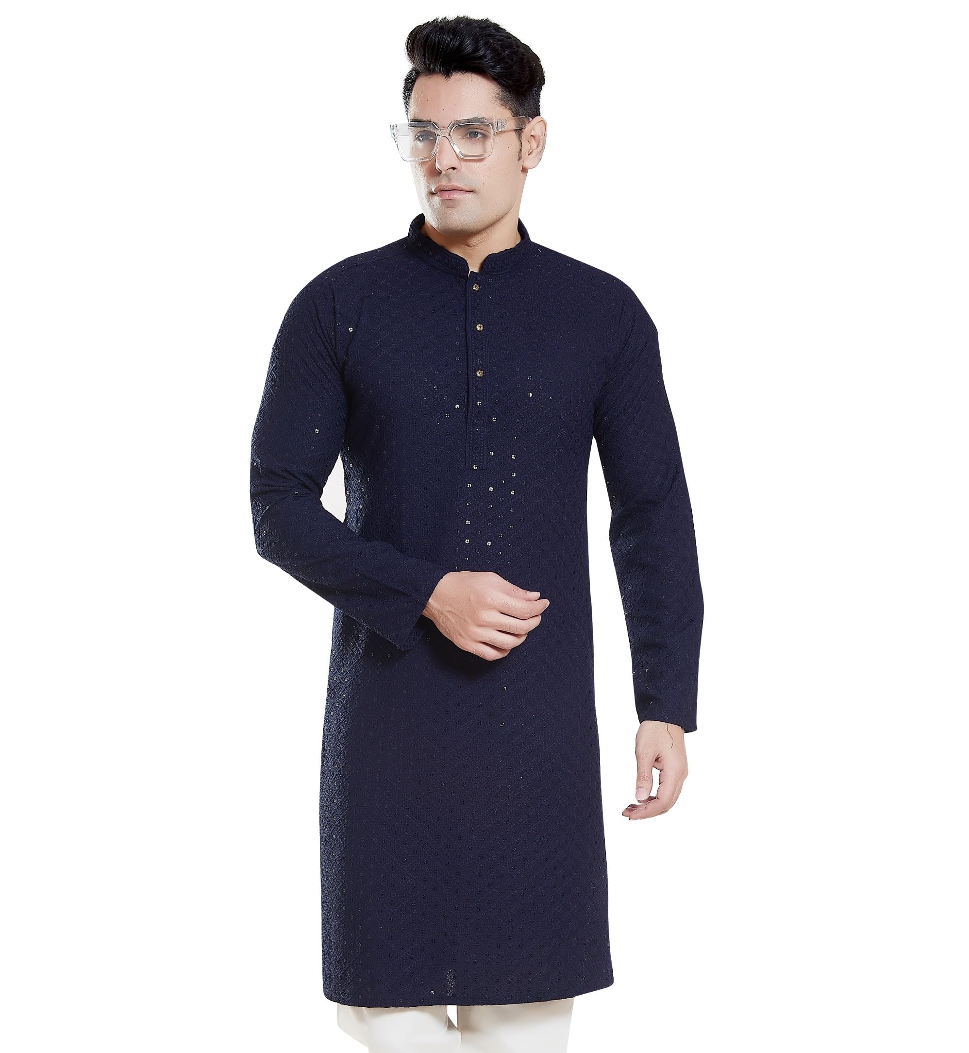 Divisive Men's Sequince Embroidered Cotton Blend Only Slim Fit Kurta (Dkrt133_Xl_Navy Blue)
