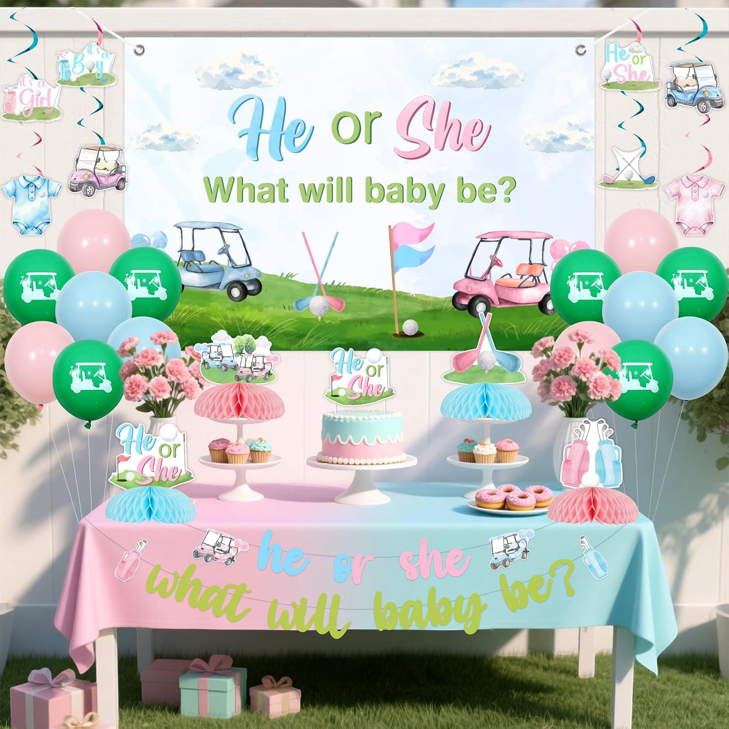 Golf Gender Reveal Decorations Pink Blue, He Or She What Will Baby Be Backdrop, Banner, Cake Topper, Hanging Swirls, Honeycomb Centerpieces for Golf Party Baby Shower Pregnancy Celebration
