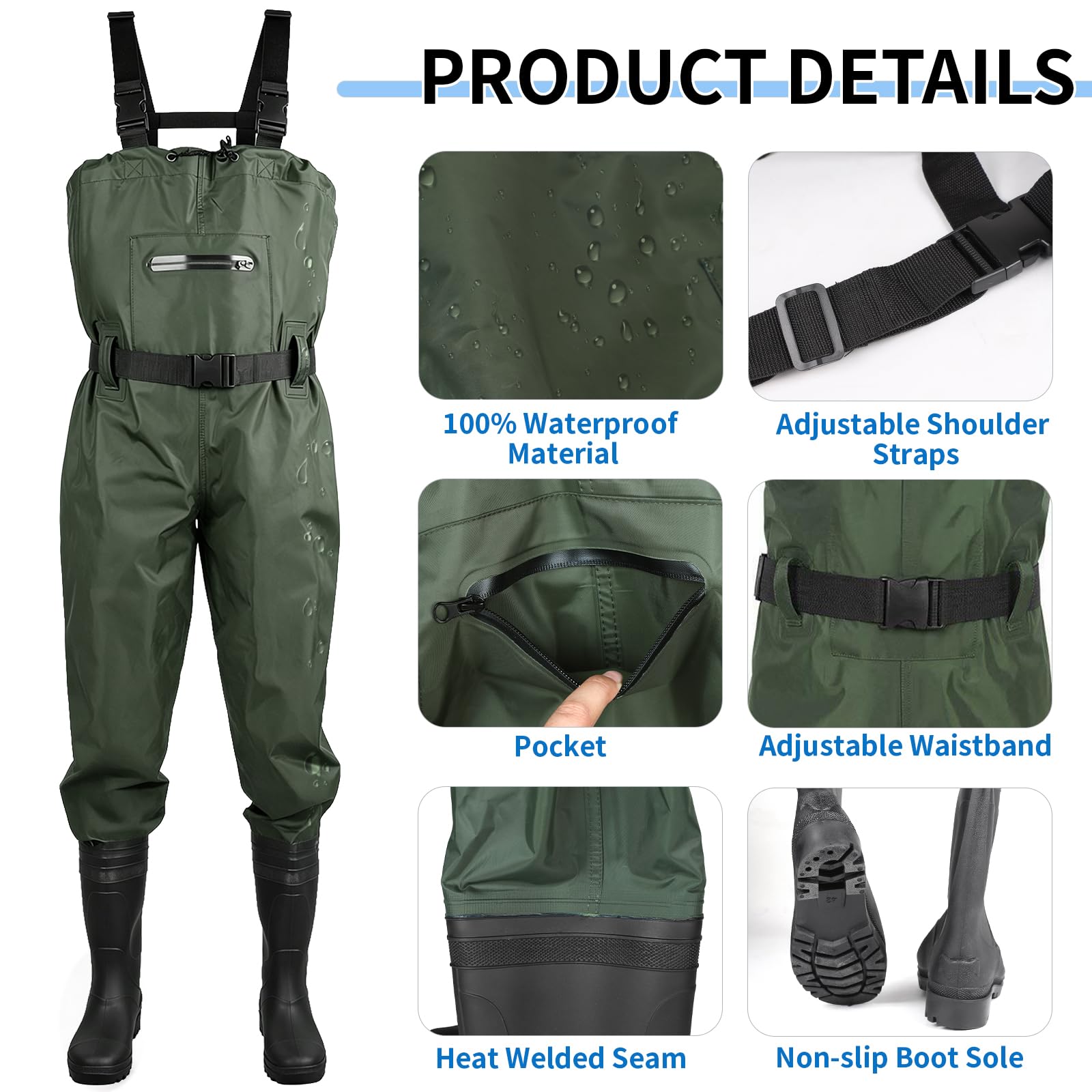 SWAWIS Wathose Herren Wasserdicht mit Stiefel Verstellbarer Riemen Anglerhose für Erwachsene mit Stiefel Atmungsaktive Wasserdicht Watthosen für Baustellen, Angeln, Bauernhöfe