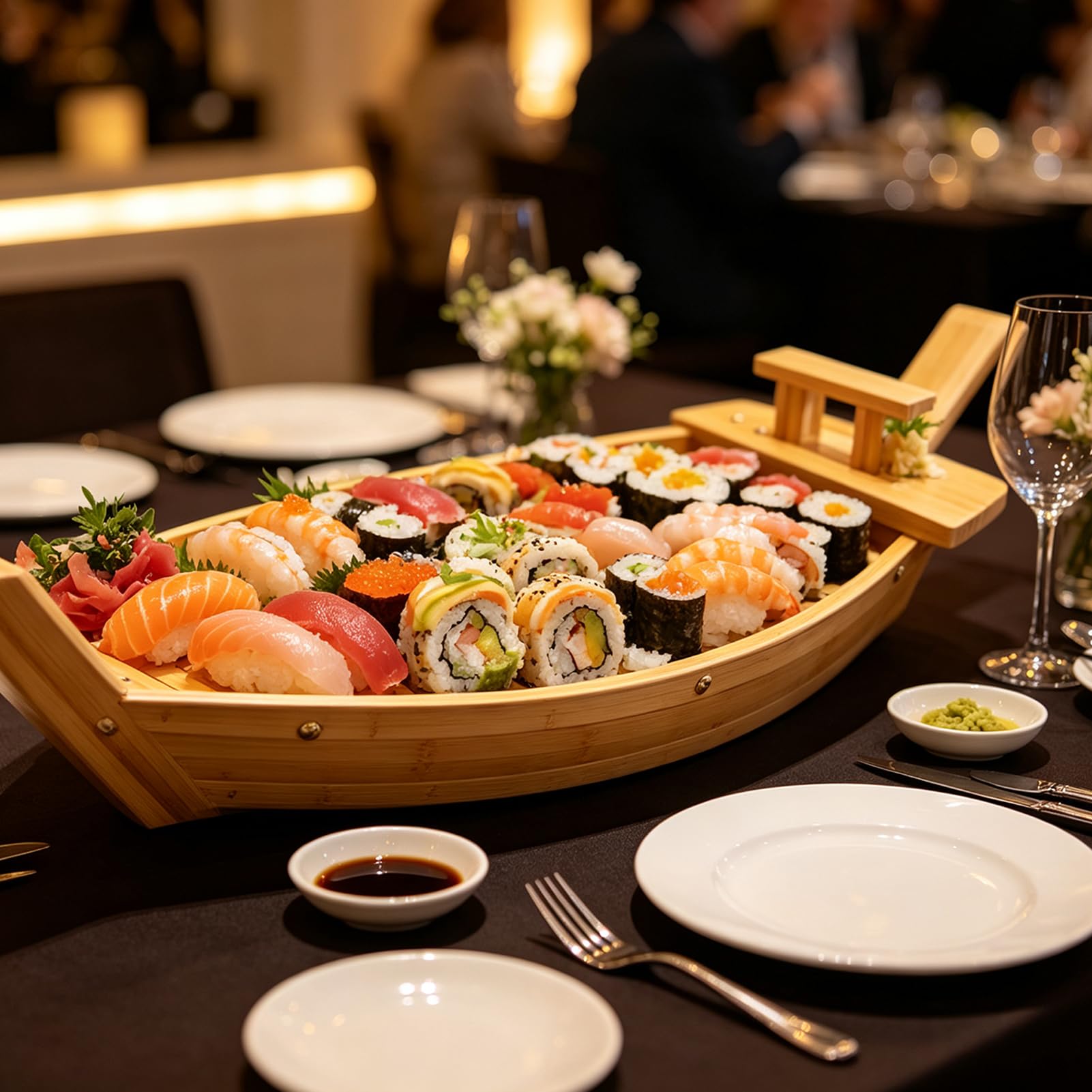 Bandeja de Barco de Sushi de Bambú Ecológica - Superficie Lacada de Grado Alimentario, Perfecta para Restaurantes, Eventos de Catering y Comidas en Casa
