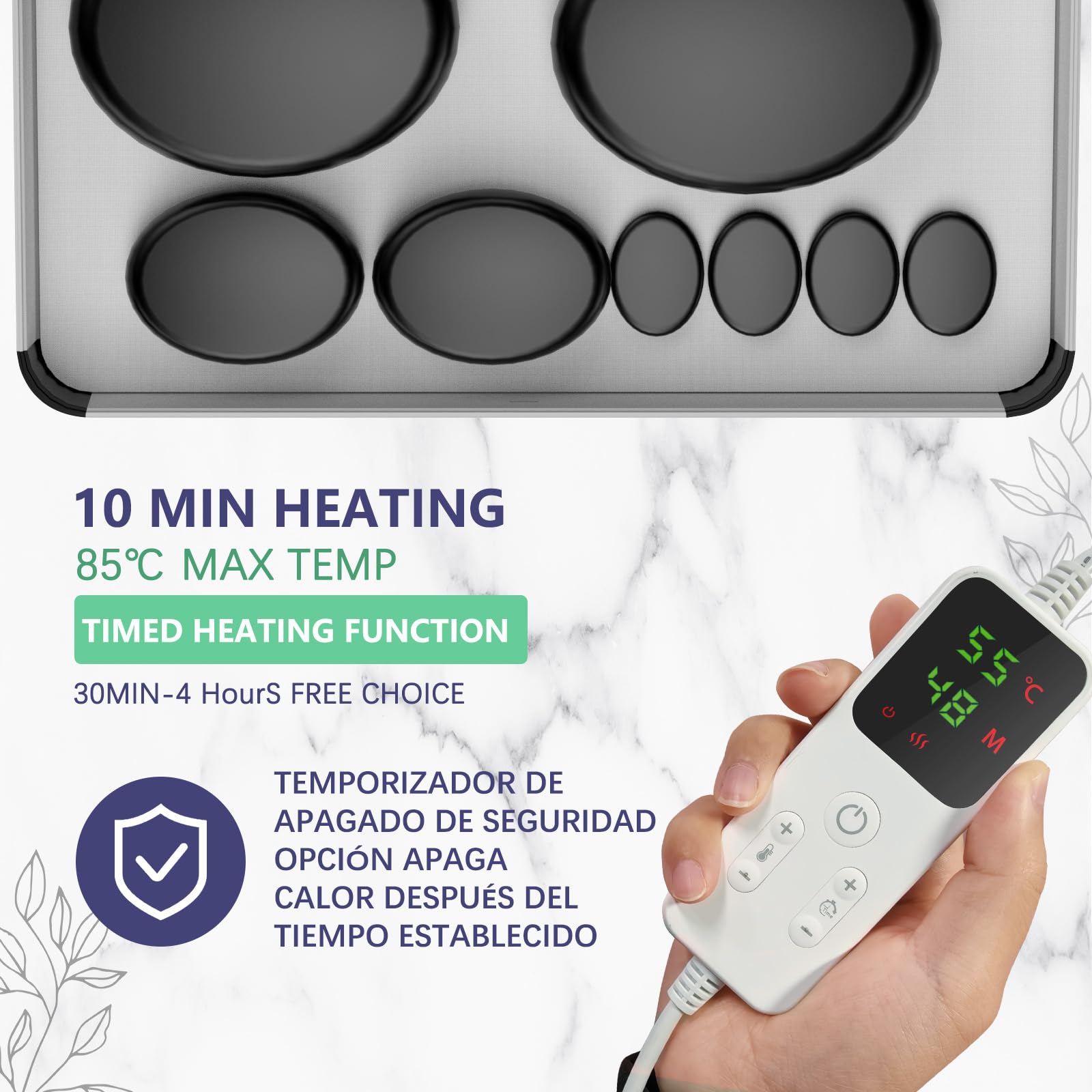 Hot Stone Massage Set, 10 piedras calientes para masaje de basalto natural pulido,caja de calefacción de piedras calientes, terapia de masaje y relajación, regalos y tratamientos SPA