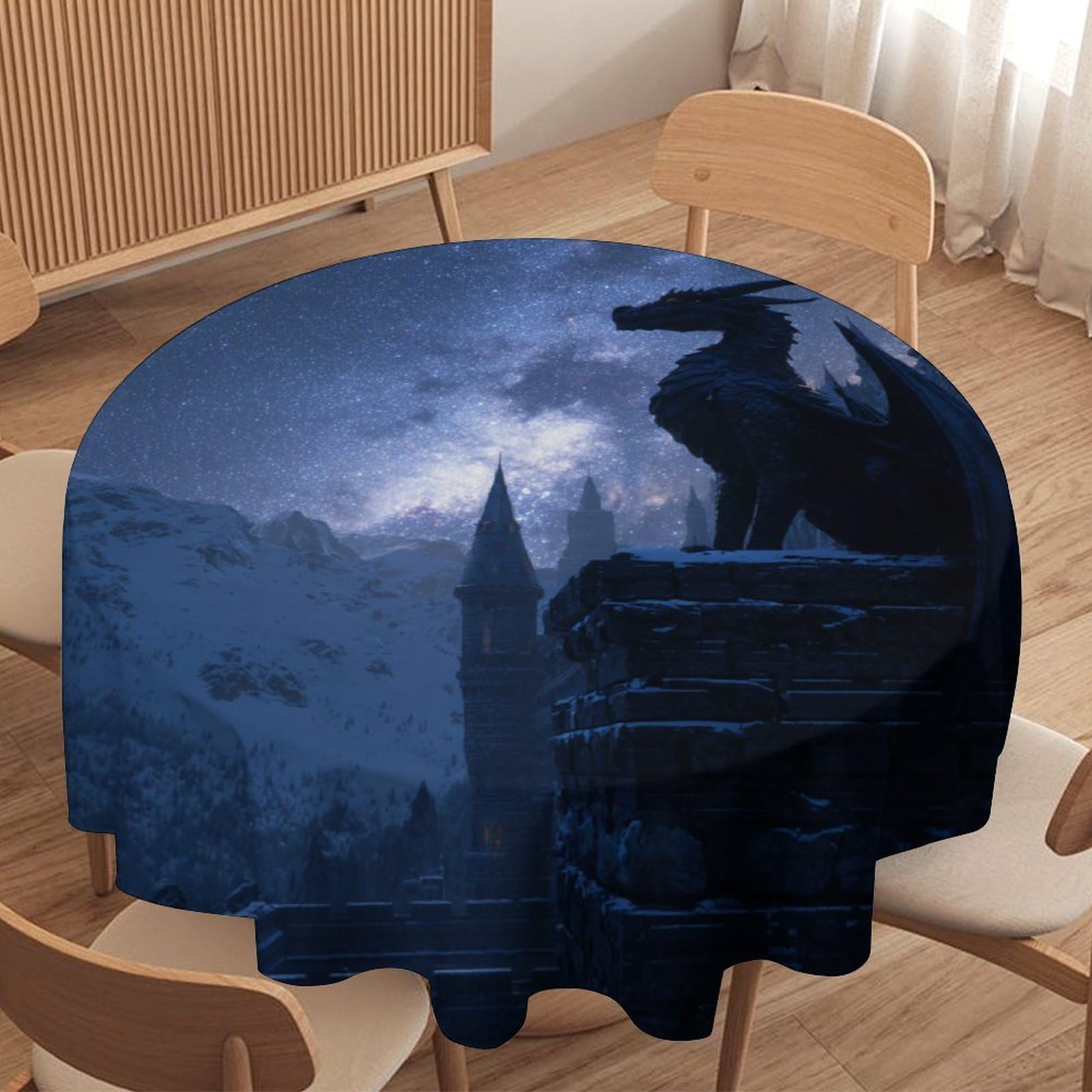 LUYYSKY Vintage Cool Dragon Round Tablecloth Classic Mid Century Starry Sky Castle Fantasy Animals Dragon Washable Decor for Table Cover for Kitchen-70 Wx70 L