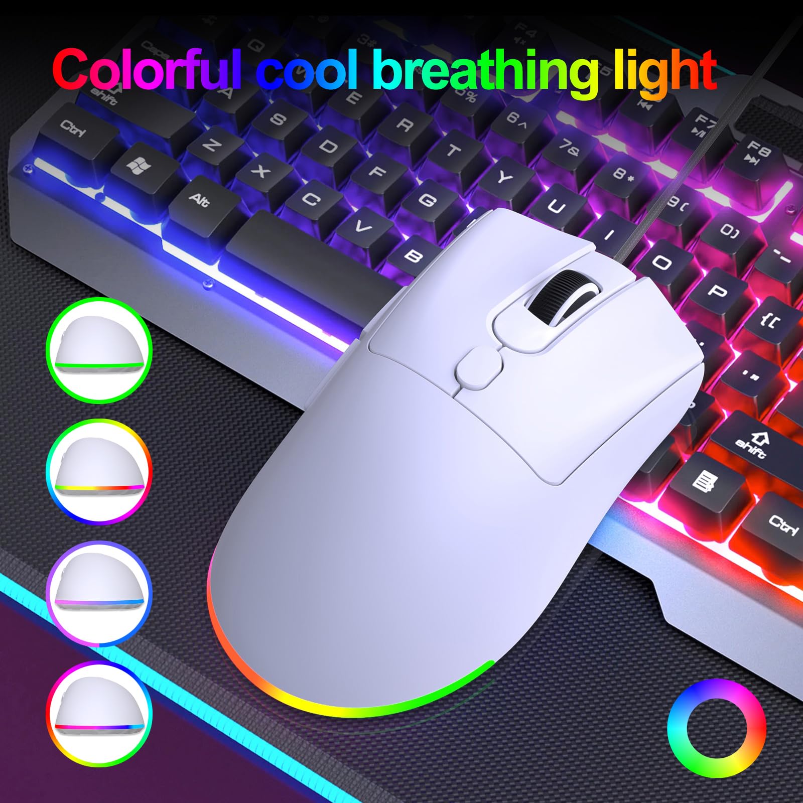 HXMJ Przewodowa mysz do gier USB C, 7200 DPI, ergonomiczna mysz z podświetleniem RGB do Apple MacBook, komputera lub laptopów z portem typu C, biała