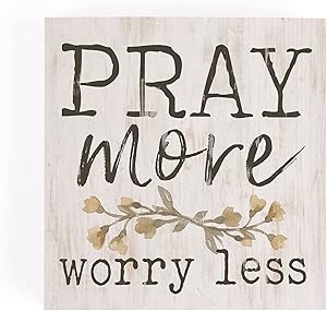 P. Graham Dunn Pray More Worry Less Whitewash 3.5 x 3.5 Inch Pine Wood Tabletop Block Sign