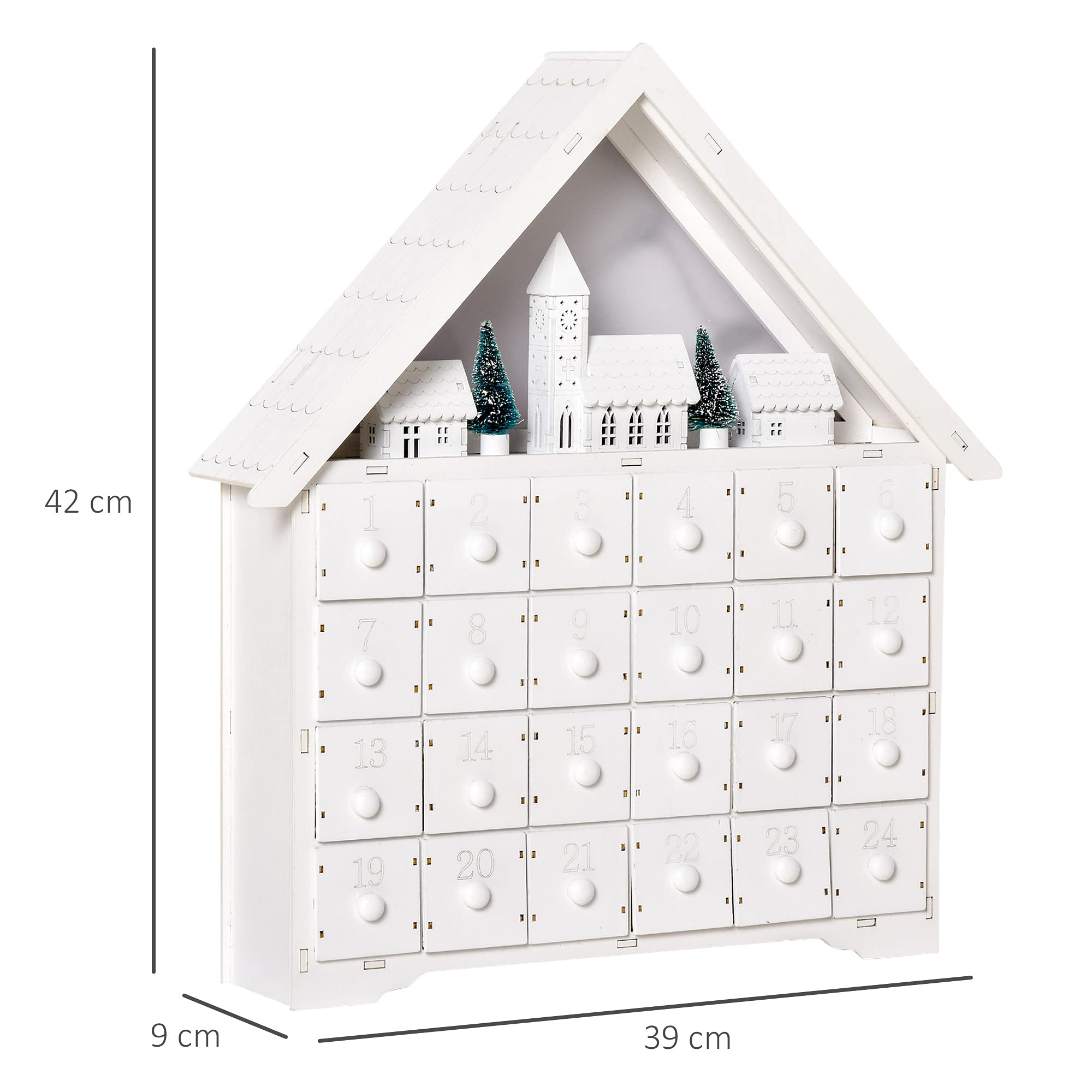 HOMCOM Calendario dell'Avvento in Legno da Riempire 24 Cassetti 39x9x42cm | Villaggio di Natale, Alberi, Luci