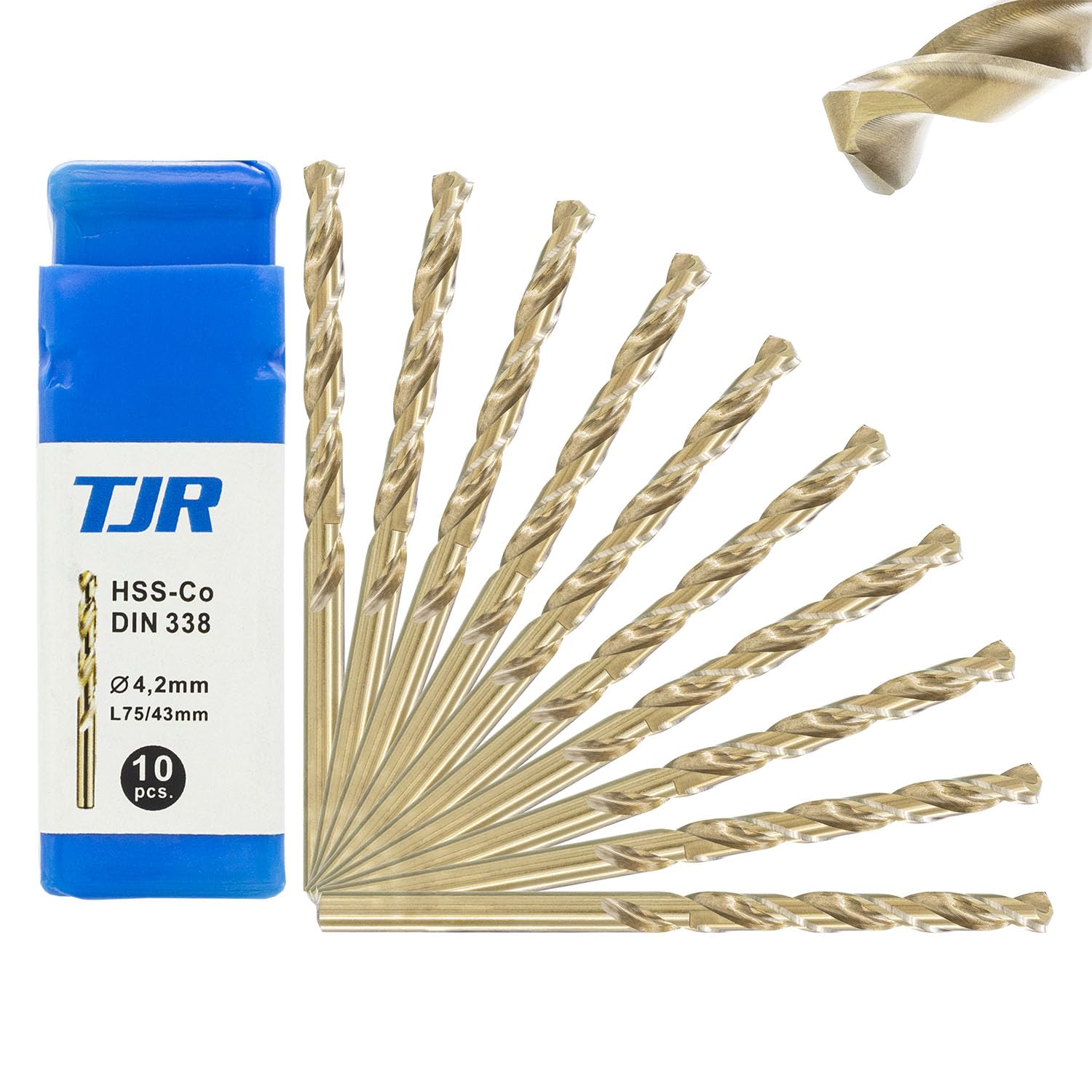 TJR® Brocas helicoidales HSS-E M35 Ø 4,2mm de cobalto, Set de 5 piezas, Auto-centradoras, Acero rápido, DIN 338 Tipo N, Punta dividida a 135°, Perforación de metales para acero