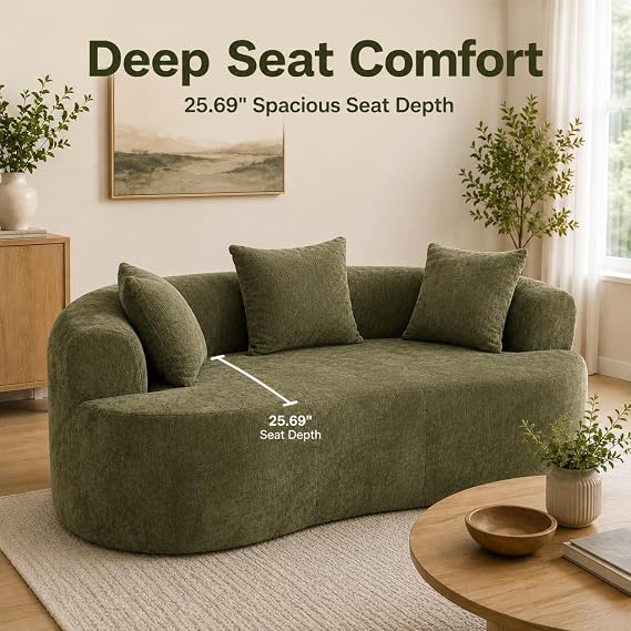 80 Curved Loveseat for Small Spaces, Green Curved Couches for Living room, Compression Sofa in a Box with 3 Pillows, Small Couch for Bedroom with Wide Armrest & Memory Foam, No Assembly Required