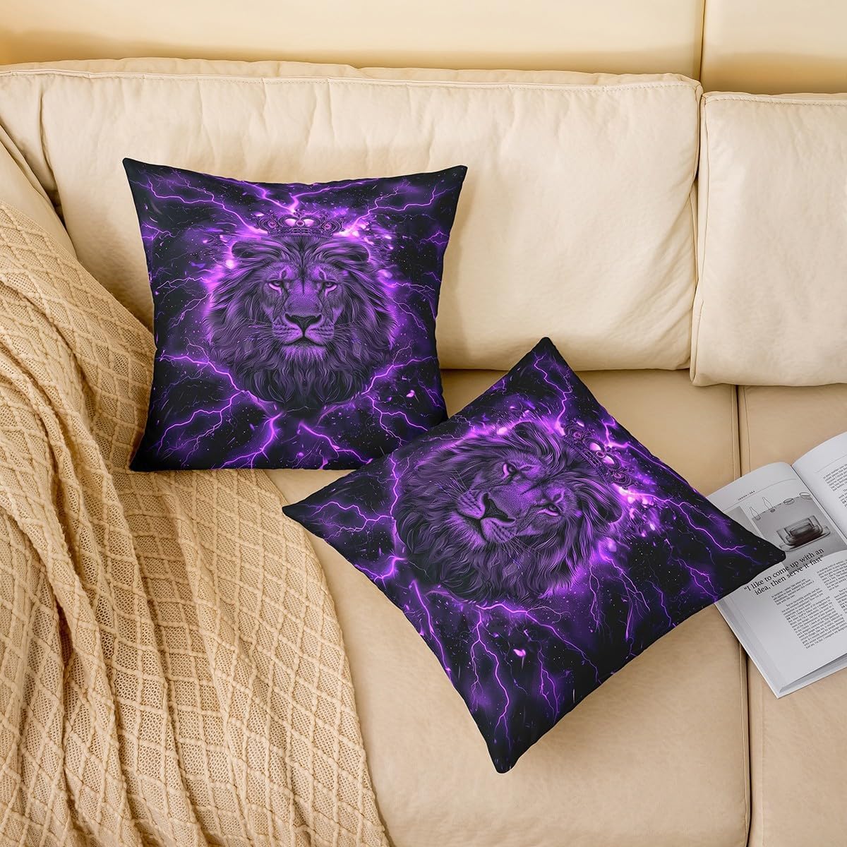 Manfei Lion Double Sides Print Pillow Covers,3D Lightning Gaming Print Purple Black Throw Pillow Case Covers,African Wild Animal King Crown Glitter Cushion Covers,2 Pack 24"x 24" image 2