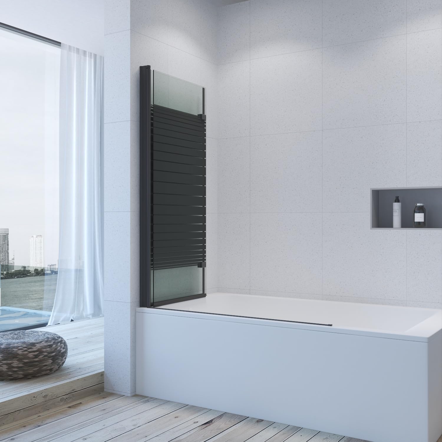 AQUABATOS paravento per vasca da bagno senza foratura nero opaco 120 x 140 cm parete doccia in vetro di sicurezza 5 mm, fissaggio per vasca pieghevole con rivestimento NANO