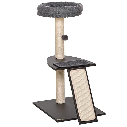PawHut Árbol para Gatos con Múltiples Plataformas Postes Rascadores de Sisal Natural Cama Cojines Extraíbles Rampa con Tabla Rascadora y Bola de Juguete 50x40x83,5 cm Gris