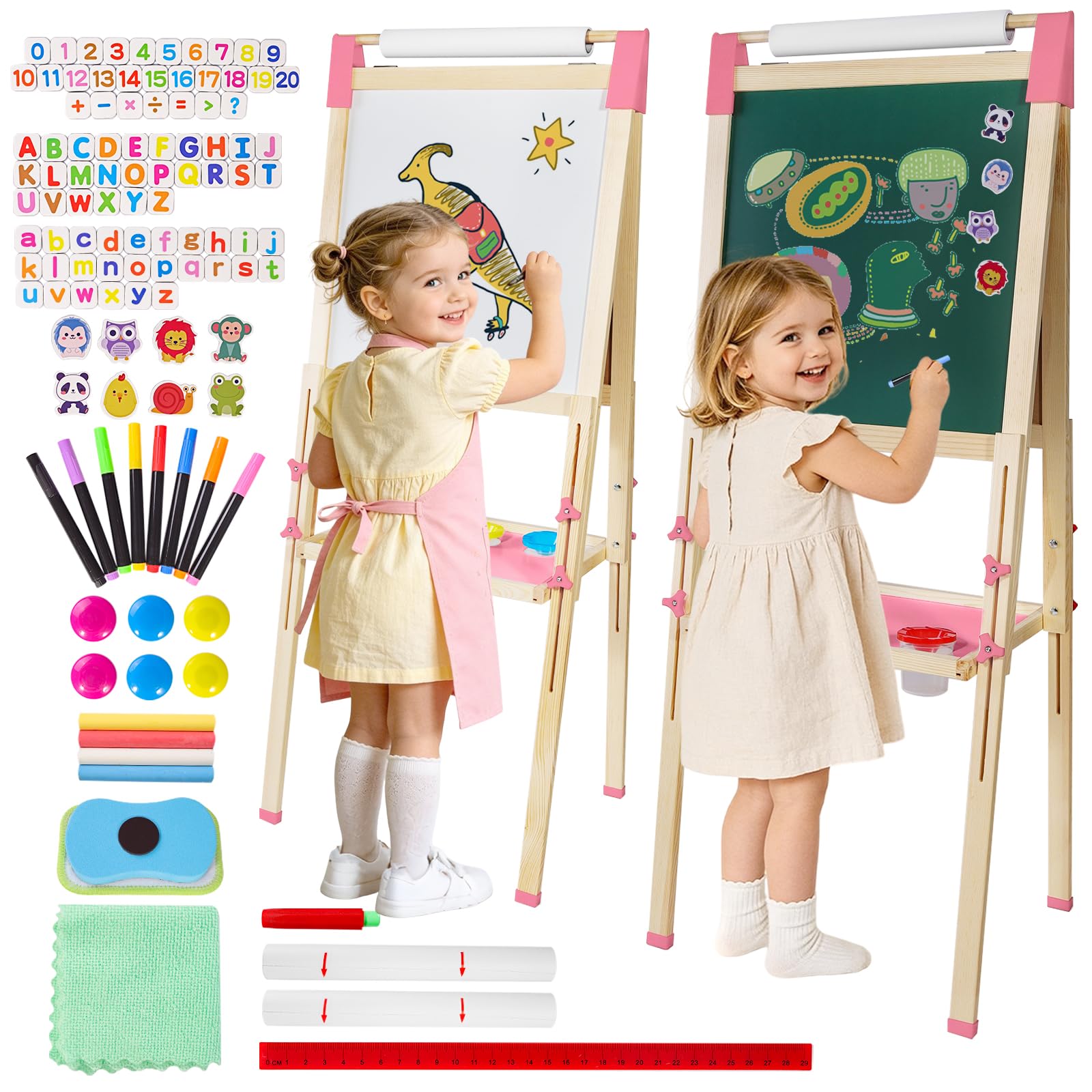 Children's Double-Sided Wooden Easel with Paper Roll – Adjustable White & Black Board – Birthday Gift Girl Boy (Accessories Included) (Pink)