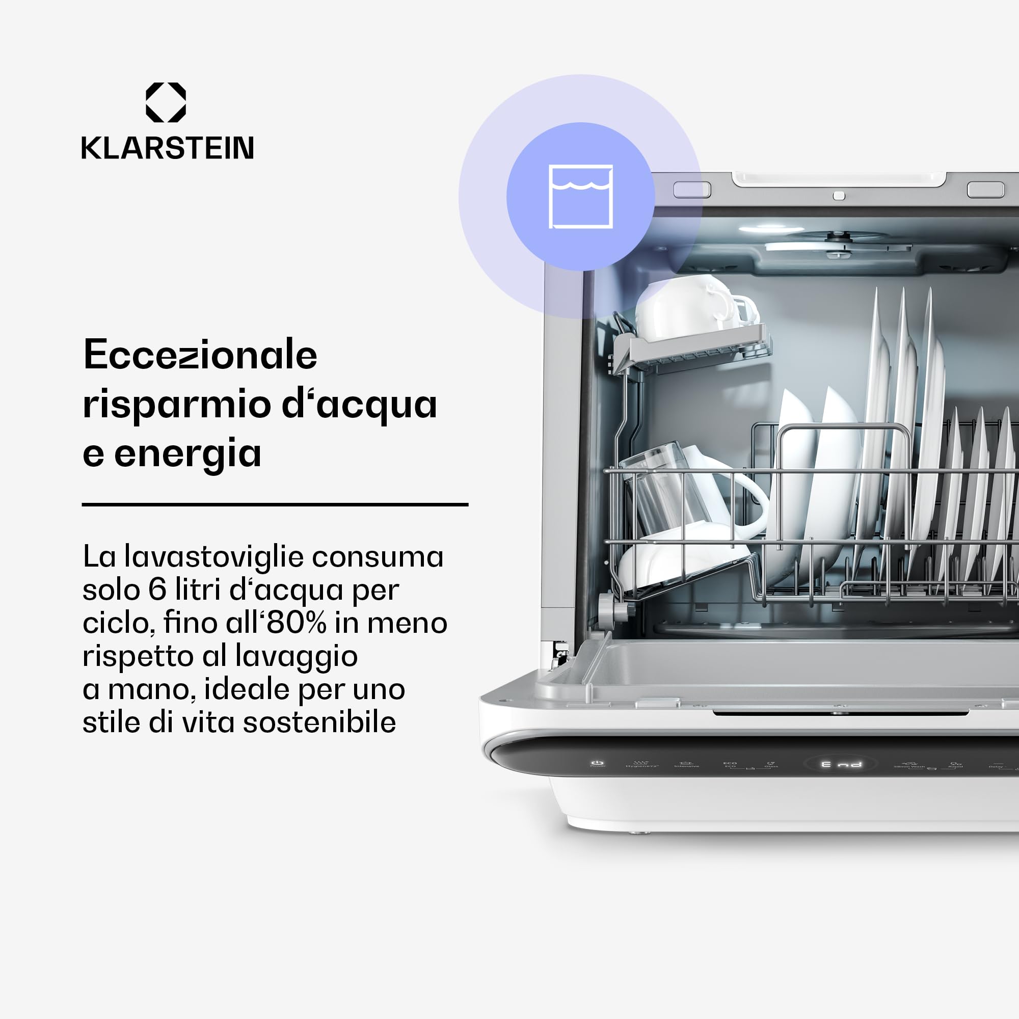 Klarstein Oceana Lavastoviglie da tavolo - Lavastoviglie compatta per 3 coperti, 7 programmi, 6 L di acqua, AquaStop, design portatile