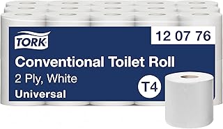 Tork 120776 Rollos de papel higiénico Universal suave T4 / Rollos wc de 2 capas compatibles con el sistema higiénico de rollos pequeños Tork T4, 30 rollos x paquete