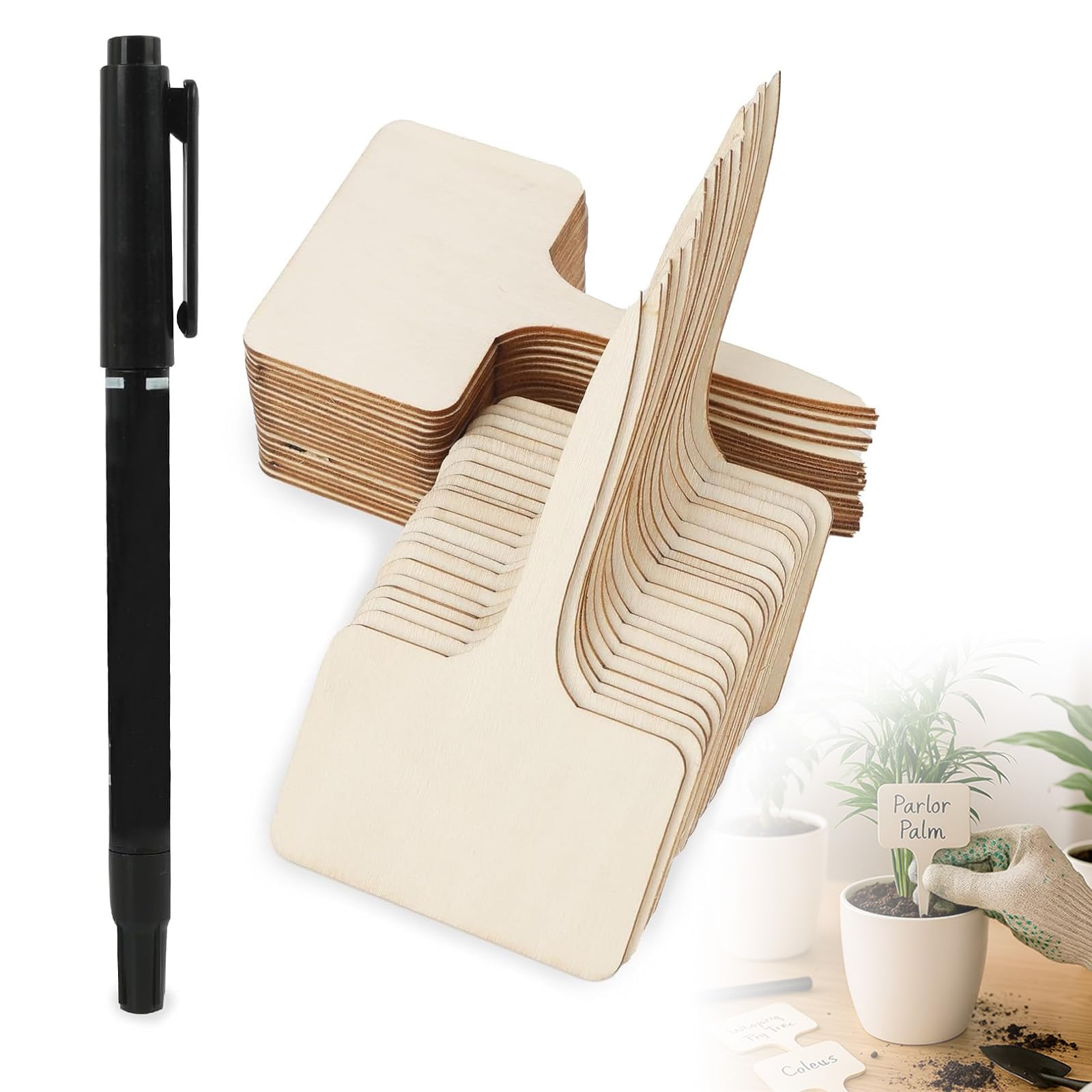 50 Pcs 6 X 10 Cm Wooden T-Type Garden Plant Labels with Marker Pen
