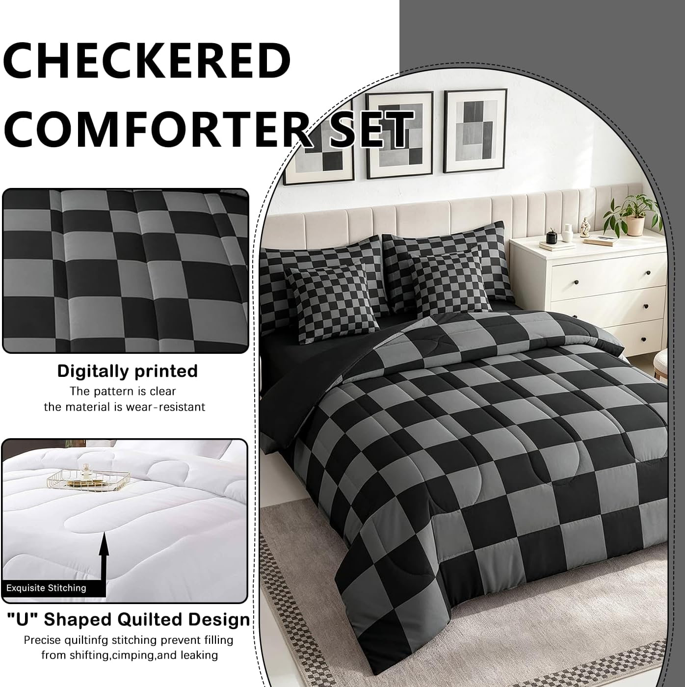 Checkered Retro Comforter Set Full Size 7 Pieces Black Grey Plaid Bedding Set for Kids Boys Girls Geometric Vintage Bed in a Bag Modern Simple Groovy Aesthetic Bedroom Decor Quilted Lightweight