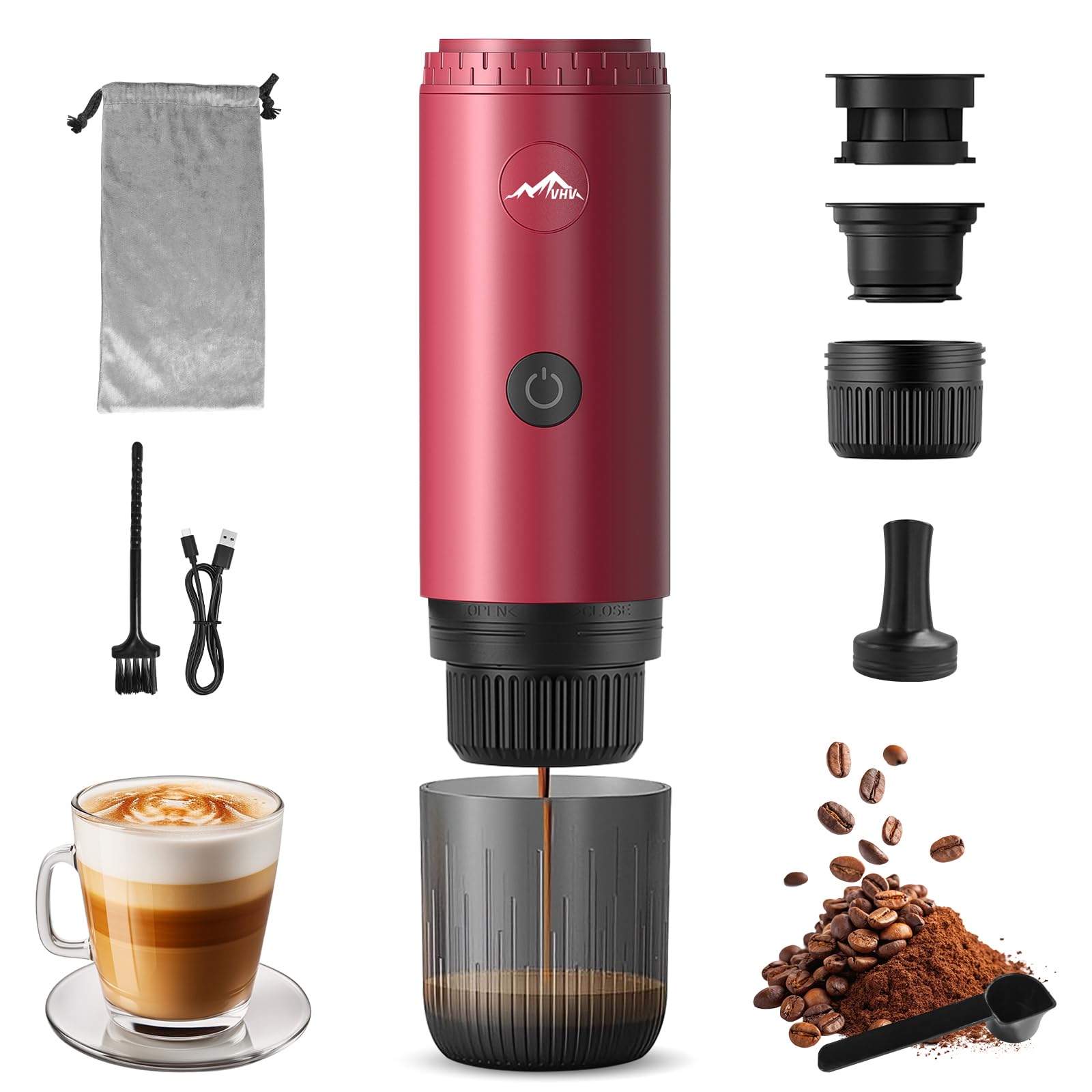 VHV Cafetera Portátil, Cafetería Portátil 3 en 1 Compatible con Cápsulas Espresso y Café en Polvo, Recargable para Viaje, Camping, Coche, Casa (Rojo)