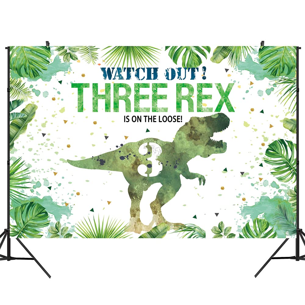 Hilioens 8×6ft Three-rex Birthday Backdrop for Boys Dinosaur 3rd Birthday Green Leaf Background 3 Years Old Dinosaur Theme Party Banner Decorations