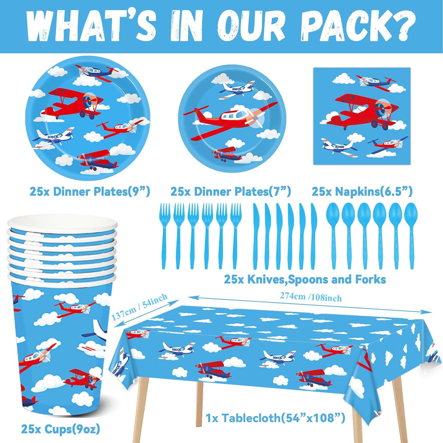 184pcs Airplane Birthday Party Supplies Set Includes Airplane Plates Napkins Tablecloth Swirl Banner Tableware Kit Dispose Airplane Birthday Table Decorations Favors, Serve 25 - Image 2