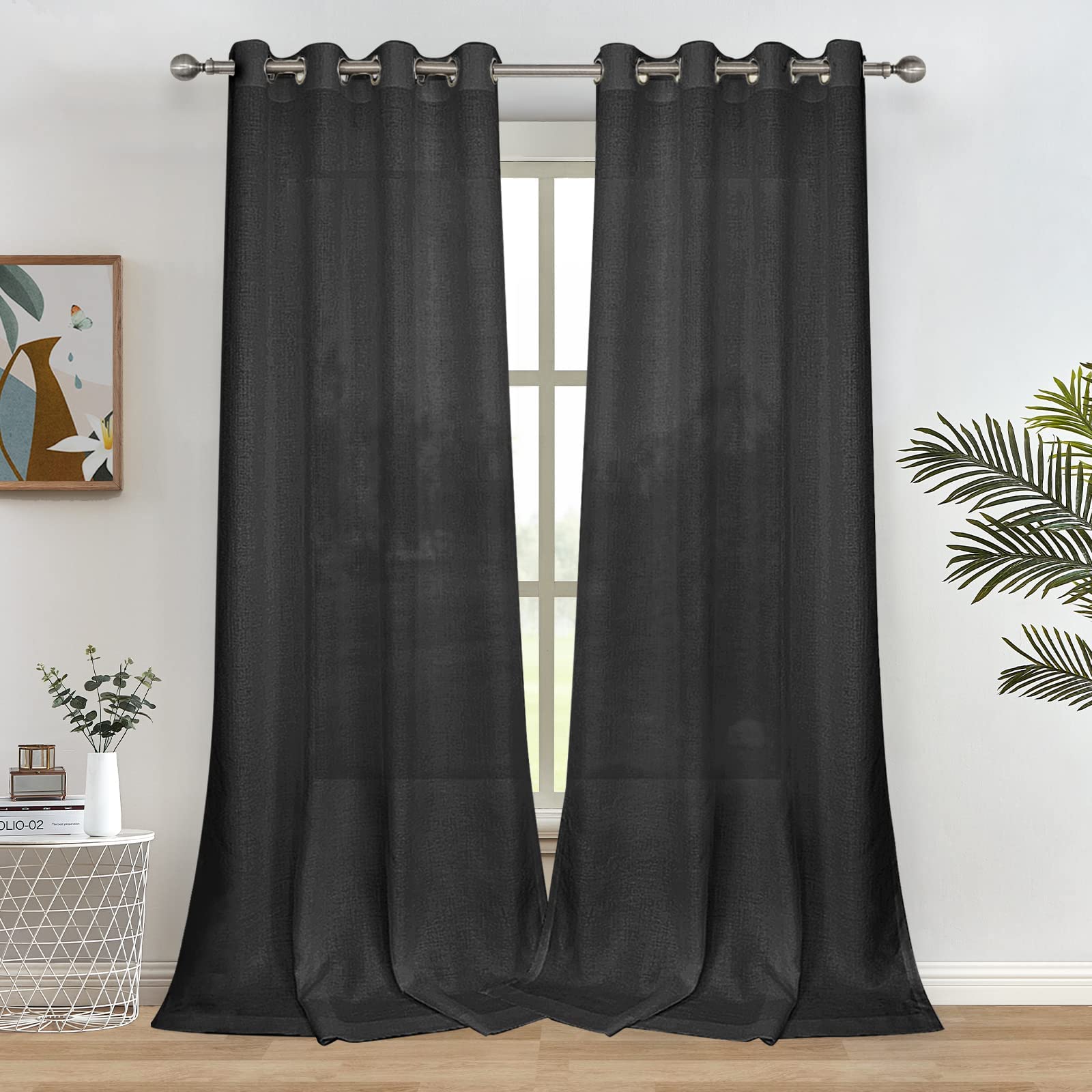Melodieux2 Panel Solid Window Curtains - Faux Linen Look Panels, Semi Sheer Voile Net Curtains, Light Filtering Drapes for Workshop, Living Room, Office - Black, 55 x 96 inch drop (140 x 245cm)