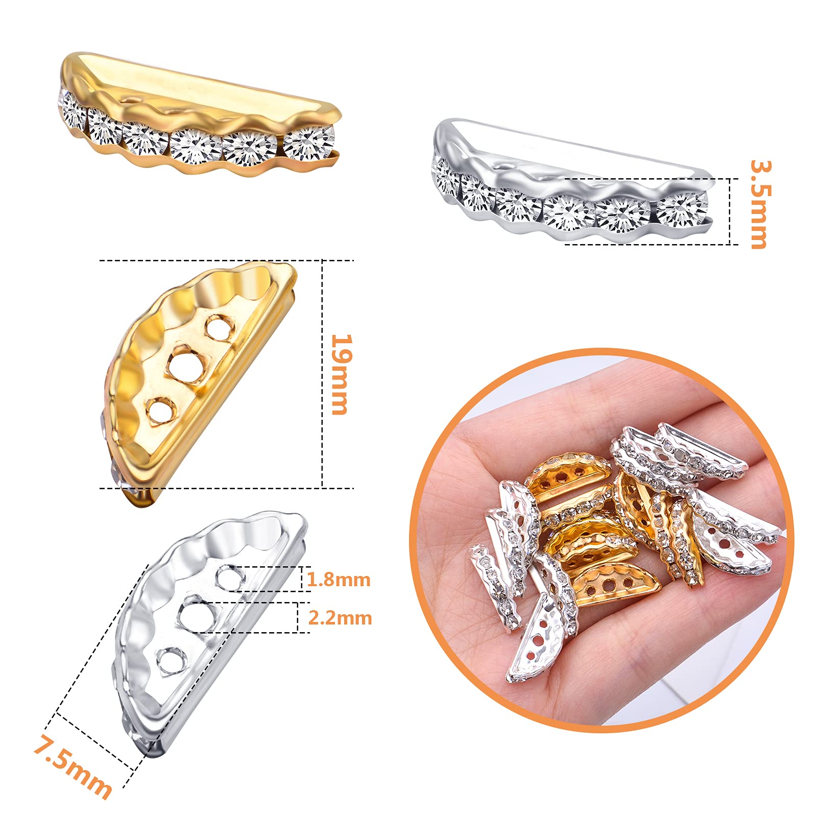 Beadthoven 100pcs 3-Hole Rhinestone Spacer Bars - Hexagon Crystal Metal Connectors For Jewelry Making