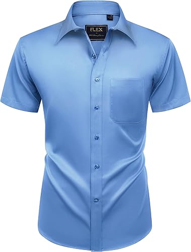 Miniatura 182 de Alimens & Gentle - Camisas de vestir con bolsillo y manga corta, de color liso y sin arrugas, estilo casual con botones, para hombres