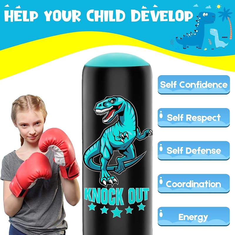 JUOIFIP 160 cm Álló Boxzsák Dinoszaurusz Boxkesztyűvel Gyerekeknek Kickbox Karate Edzéshez