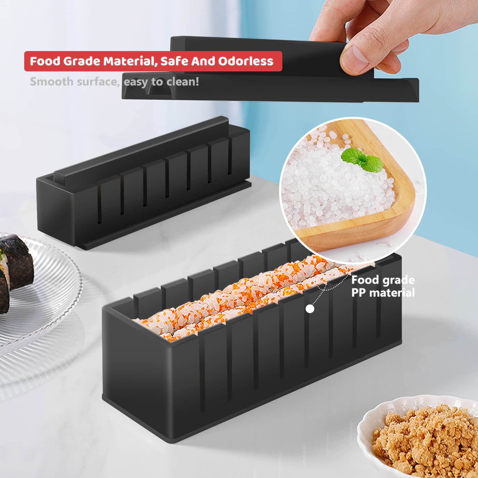Kit sushi set 20 pezzi, adatto ai principianti da preparare da soli, con stampo per polpette di riso, coltello, tappetino per rotolare, bacchette, set completo Piatti da sushi (Nero)