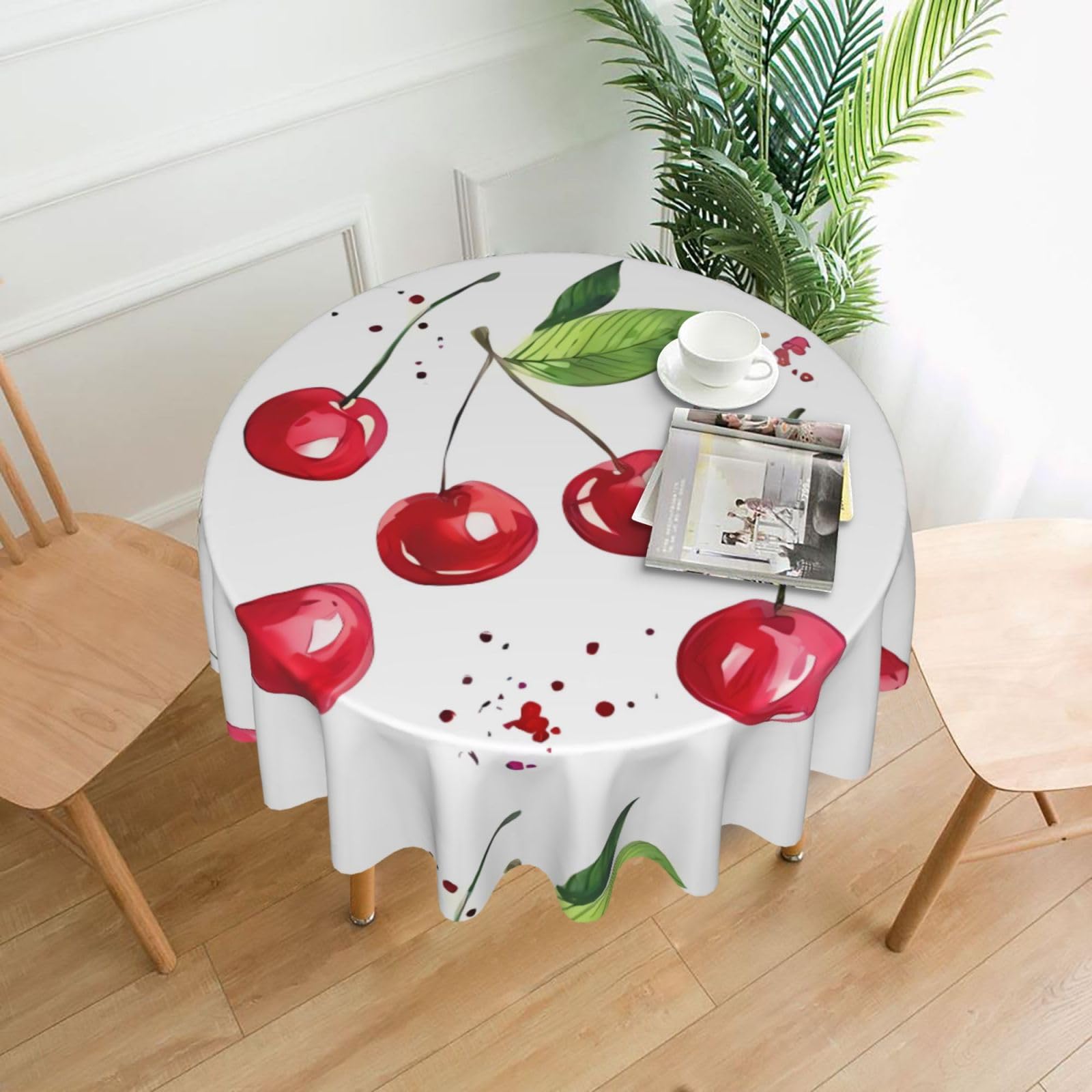 WHJSHOP Cute little Cherry Prints Round Table Throw 60 Inch – Waterproof Table Cover for Dining, Coffee Tables, Parties & More - Soft, Wrinkle-Resistant Table Layer