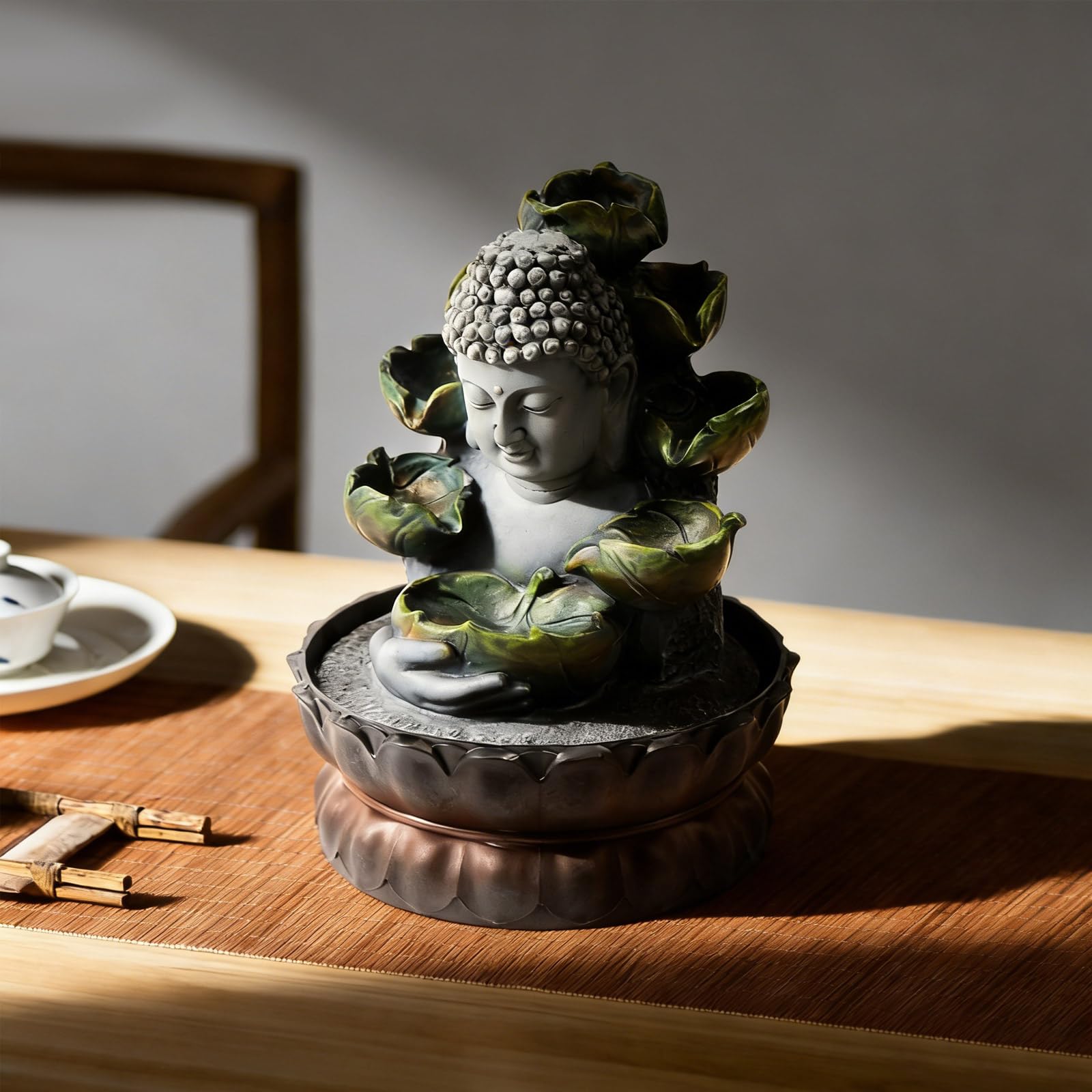 Fontaine d'intérieur avec éclairage RGB, fontaine de table Bouddha Fengshui, méditation, décoration intérieure relaxante pour beaucoup de chance, idéale comme cadeau