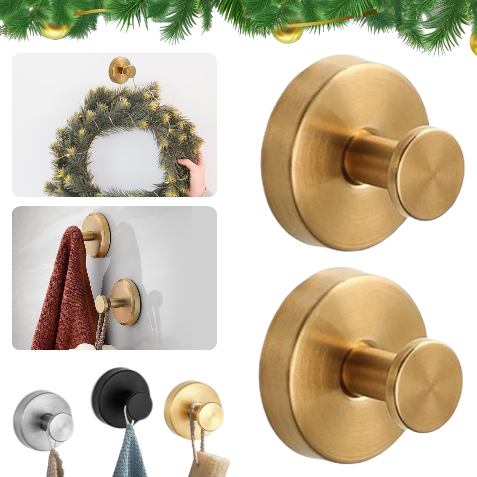 GUO-SWY 2PCS Stainless Steel Bathroom Towel Hook, New Stainless Steel Waterproof Suction Cup Hooks for Shower,Suction Cups with Hooks,Upgraded Suction Hook for Bathroom Hanging Towels (Golden)