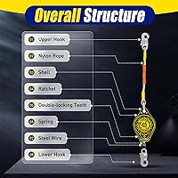 Vista 4 de Línea de vida auto retráctil, dispositivo de retención de caídas de línea de vida portátil de 23 pies, pararrayos de caídas con gancho de acero