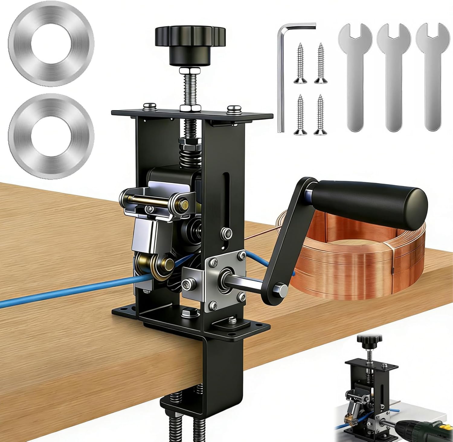 Wire Stripper Machine for Drill/Manual Use, Upgraded Guide Wheel & Fixing Clamp with 2 Replaceable Blades, Adjustable Tool for 0.04-1 Inch Scrap Copper Wire & Cable Stripping and Recycling