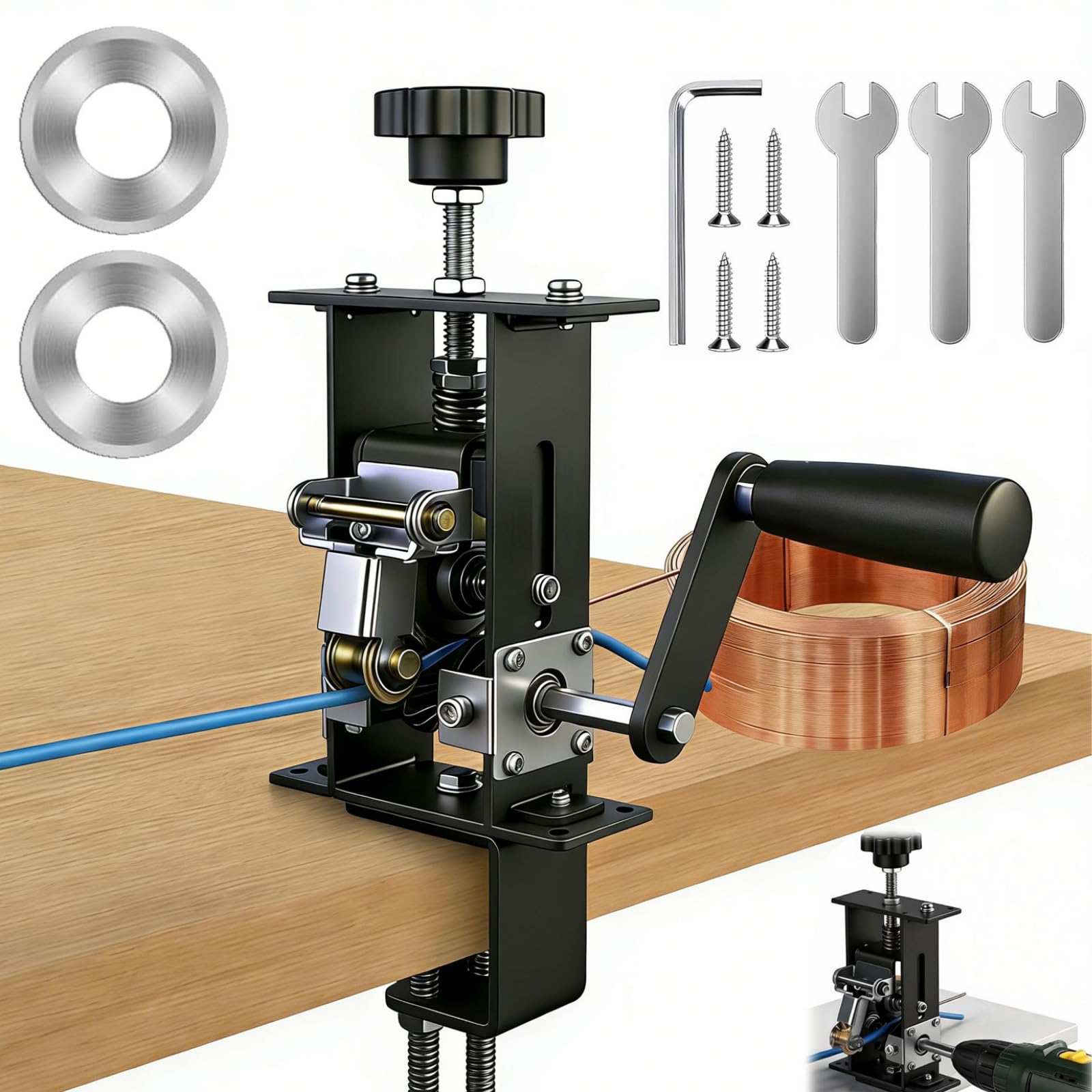 Wire Stripper Machine for Drill/Manual Use, Upgraded Guide Wheel &amp; Fixing Clamp with 2 Replaceable Blades, Adjustable Tool for 0.07-0.63 Inch Scrap Copper Wire &amp; Cable Stripping and Recycling