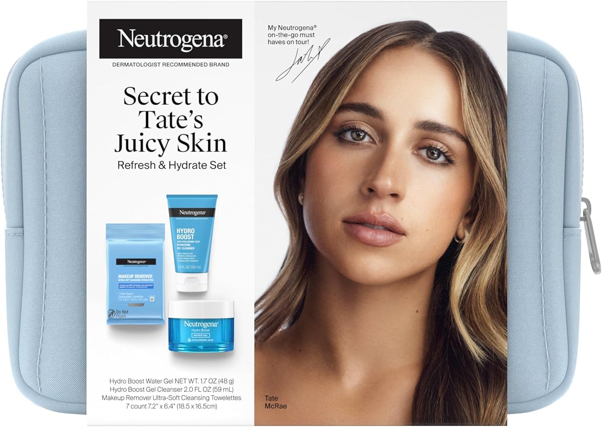 Neutrogena Refresh & Hydrate Skin Care Set, Travel Size, 3 Items | Gift Set with Tate McRae's Must-Haves, Makeup Remover Wipes, Gel Facial Cleanser, Water Gel Face Moisturizer