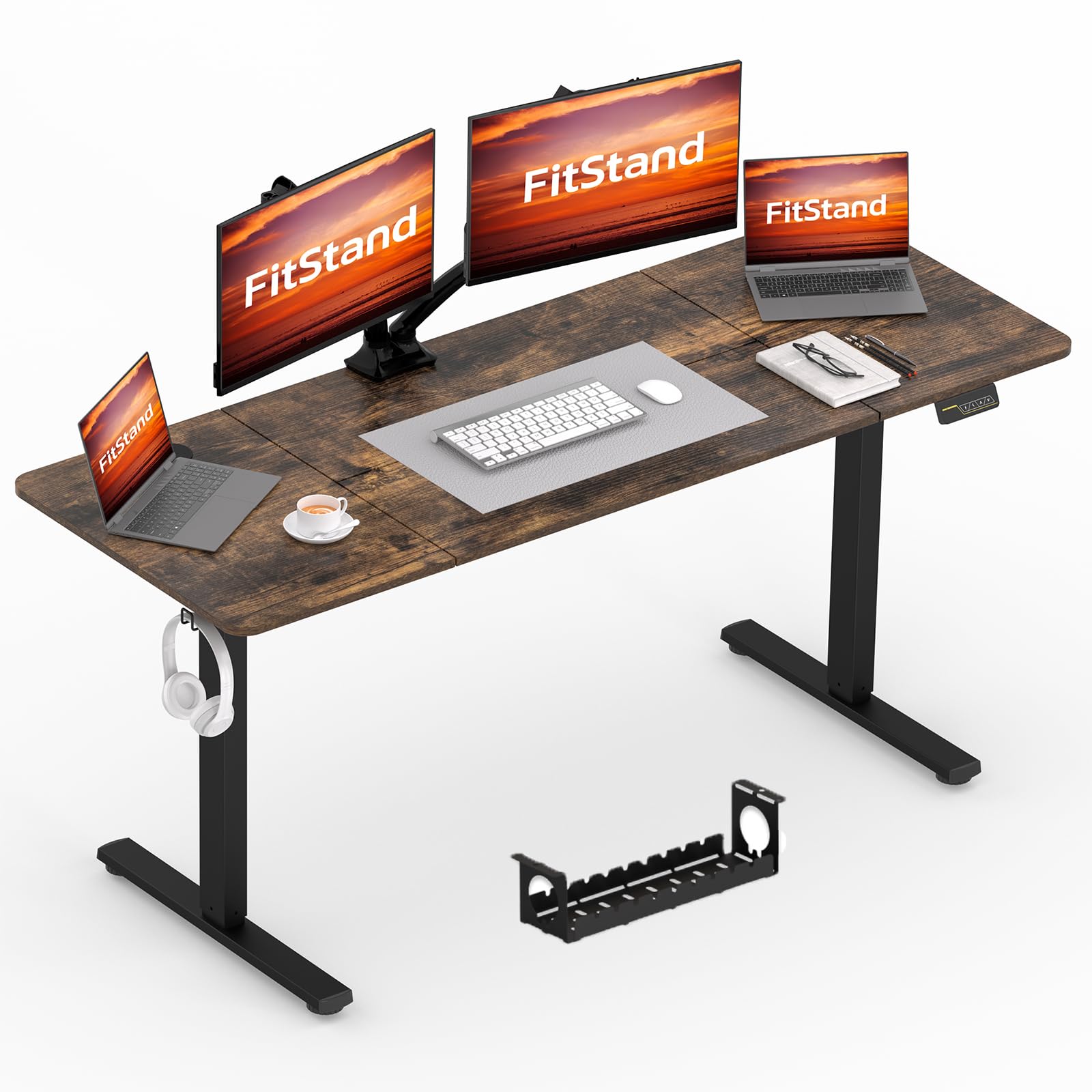 FitStand FQ1 180 x 80 cm Electric Lift Desk con mesa, escritorio de pie, elevador de ordenador con ganchos, seguridad para niños, función de memoria para oficina y hogar, color marrón oscuro
