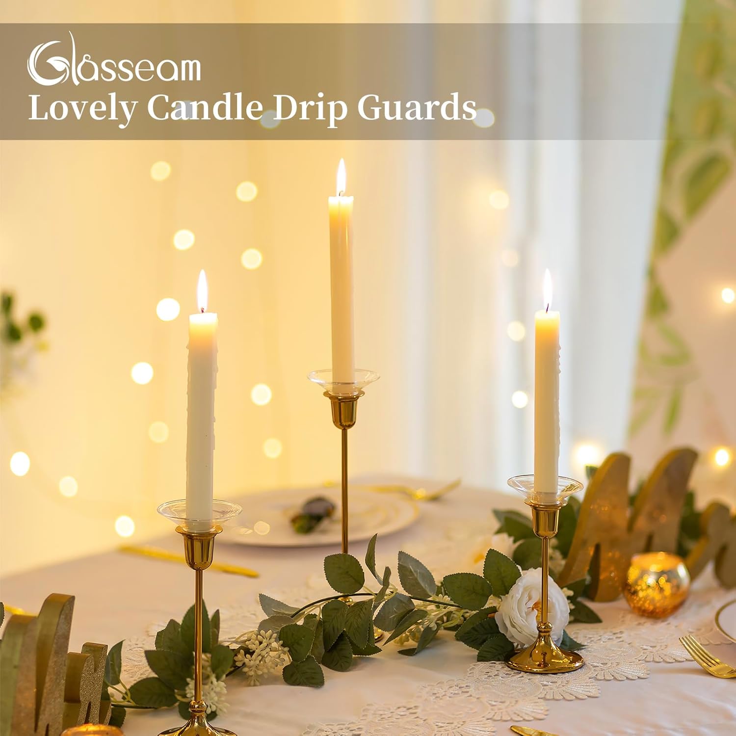 Glasseam Candle Drip Protectors for Candle Stick Candle Holder, Clear Glass Bobeches for Candlesticks Set of 12, Round Wax Catchers for Candles, Taper Candle Holders for Table Centerpiece Wedding - Image 2