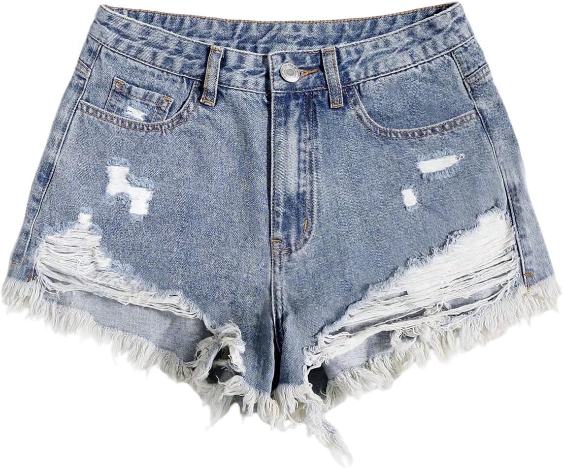 SOLY HUX Women's Ripped Raw Hem Jean Shorts High Waisted Straight Leg Denim Shorts Streetwear
