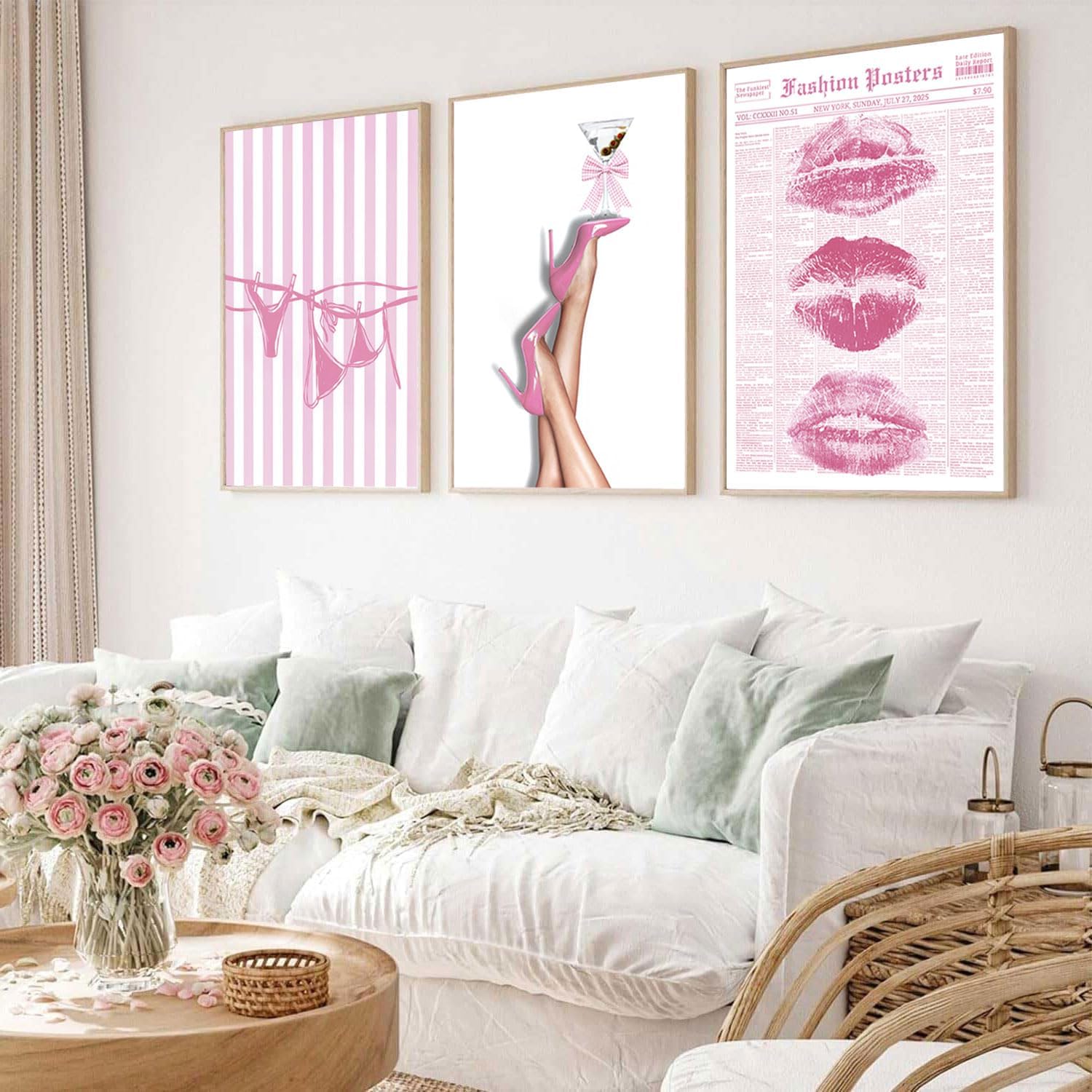 3Pcs Trendy Coquette Wall Art Pink Lips Bikini & Bow Heels Wall Decor Pictures Vintage Martini Newspapaer Canvas Posters Prints for Y2K Girly Room Dorm Apartment Preppy Aesthetic Decor 16x24in