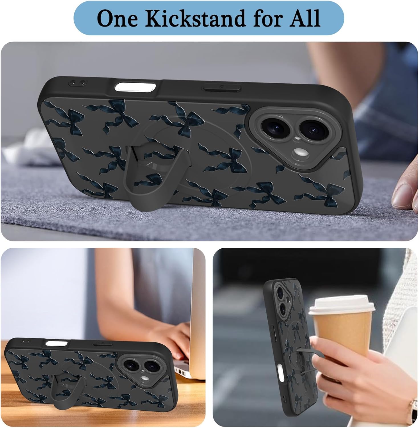 Fiyart Designed for iPhone 16 Case with Strap Kickstand Cute Bowknot for Women Girls Slim Fit Ribbon Bows Pattern Wrist Band Cover Compatible with Magsafe TPU Hard PC Back Shockproof 6.1"- Black