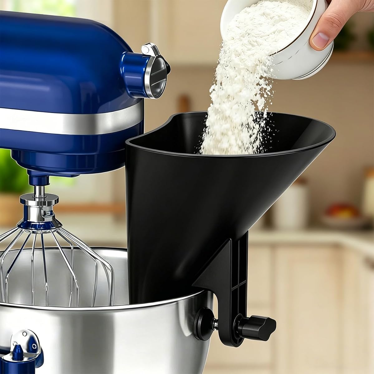 Kingofkings Flour Funnel for Kitchen Aid Mixer Accessories and Attachments | Black Stand Mixer Wide Pouring Chute fits KitchenAid Bowls, Pizza & Cake Prep, Baking Gift & Kitchen Gadgets, Patent Pending