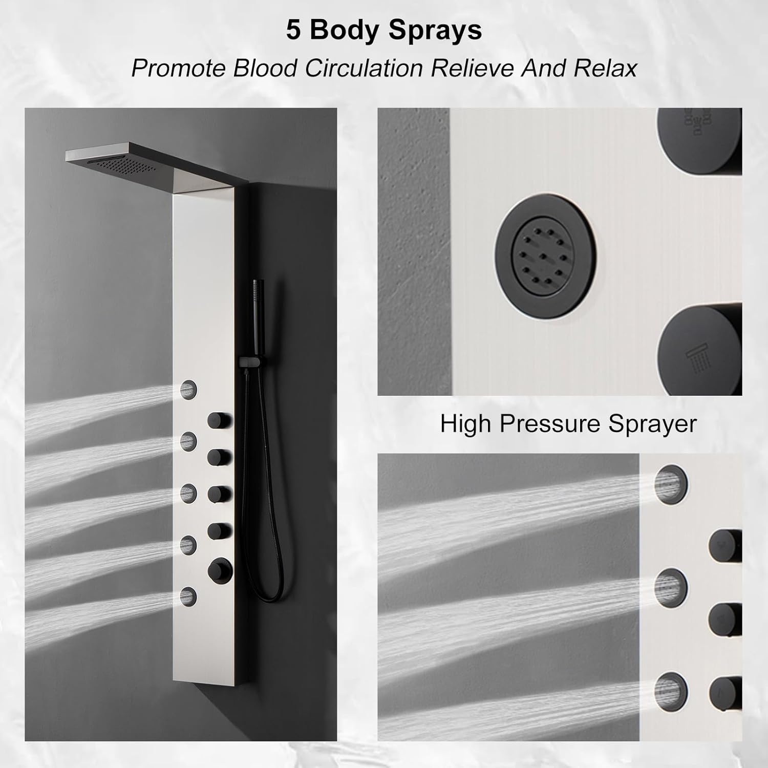 BWE Rainfall Waterfall Shower Tower Panel System Stainless Steel Bathroom Shower Panel Tower with 5 Body Sprays and Handheld Shower, Brushed Nickel and Black