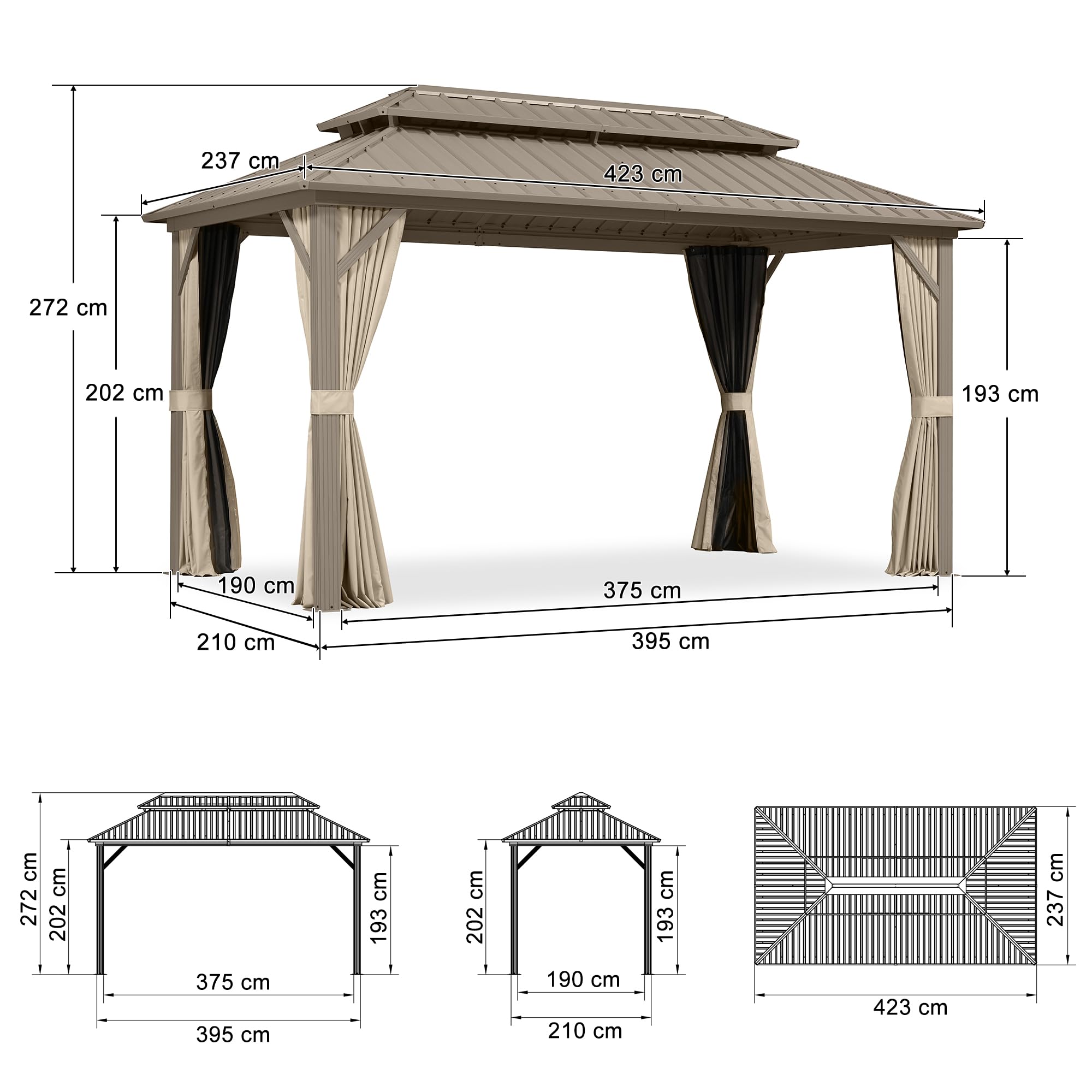 PURPLE LEAF Gartenpavillon 2.4 x 4.25 m mit Stahldach Doppeldach, Pavillon mit Flammhemmende Seitenwänden für Afternoon Tea im Freien im Garten, Champagner