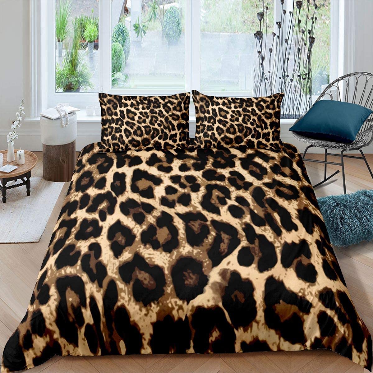 Leopard Duvet Cover Set Safari Cheetah Bedding & Linen Set Africa Animal Bedding for Girls Boys Kids Black and Brown Leopard Double Size