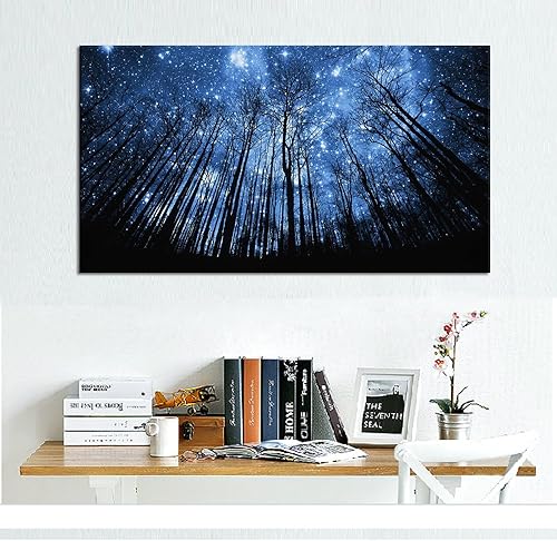Miniatura 2 de Visual Art Decor Silueta de árbol de bosque estrellado azul de la noche, arte de la pared, arte de la naturaleza, paisaje, impresiones de imágenes