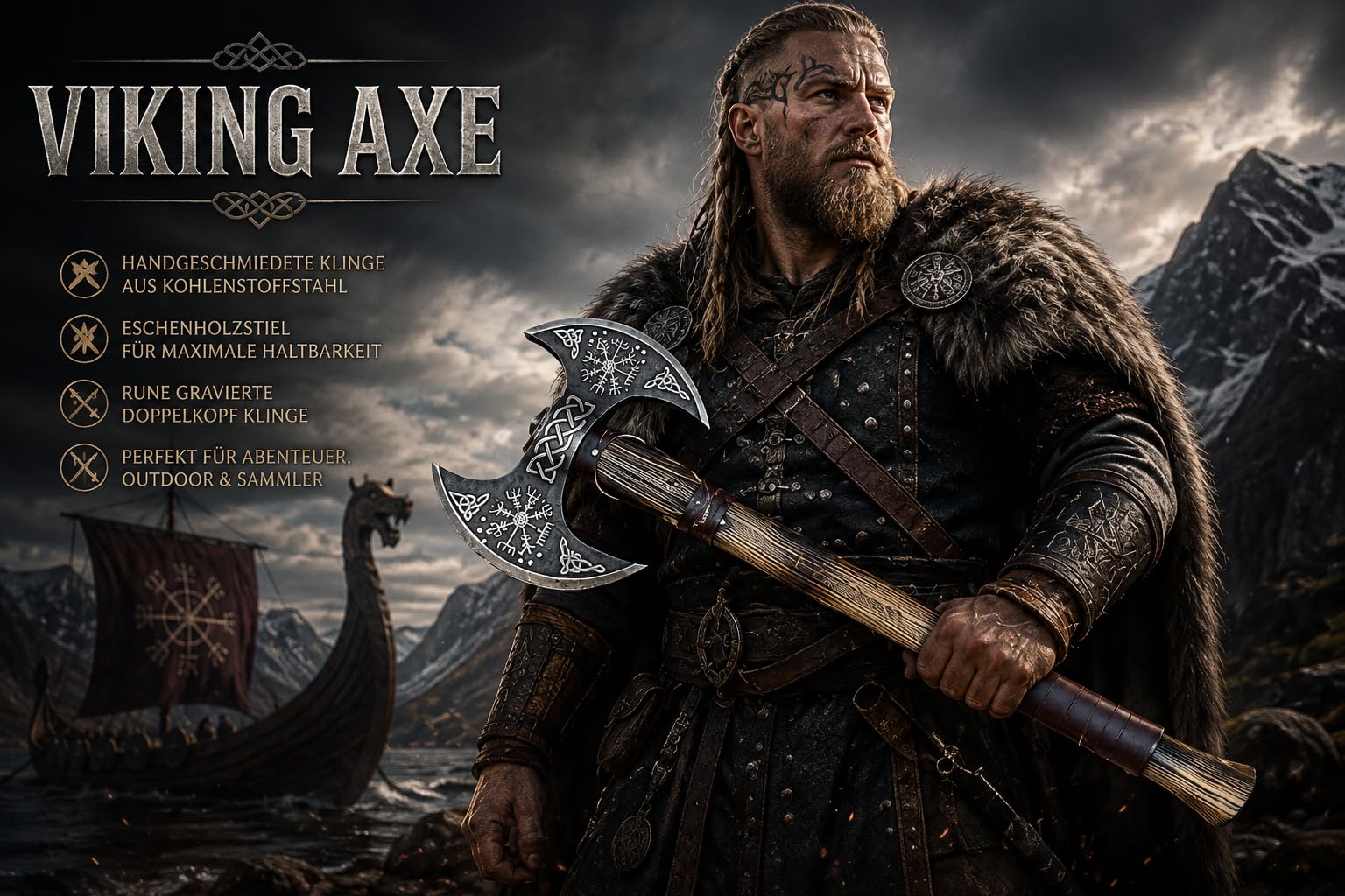 NovaHaven Ręcznie wykonana ozdobna siekiera – ostrze ze stali węglowej z uchwytem z drewna jesionowego – różne wzory ostrzy ze skórzanym uchwytem – w zestawie pokrowiec ochronny – 4 warianty (Dual