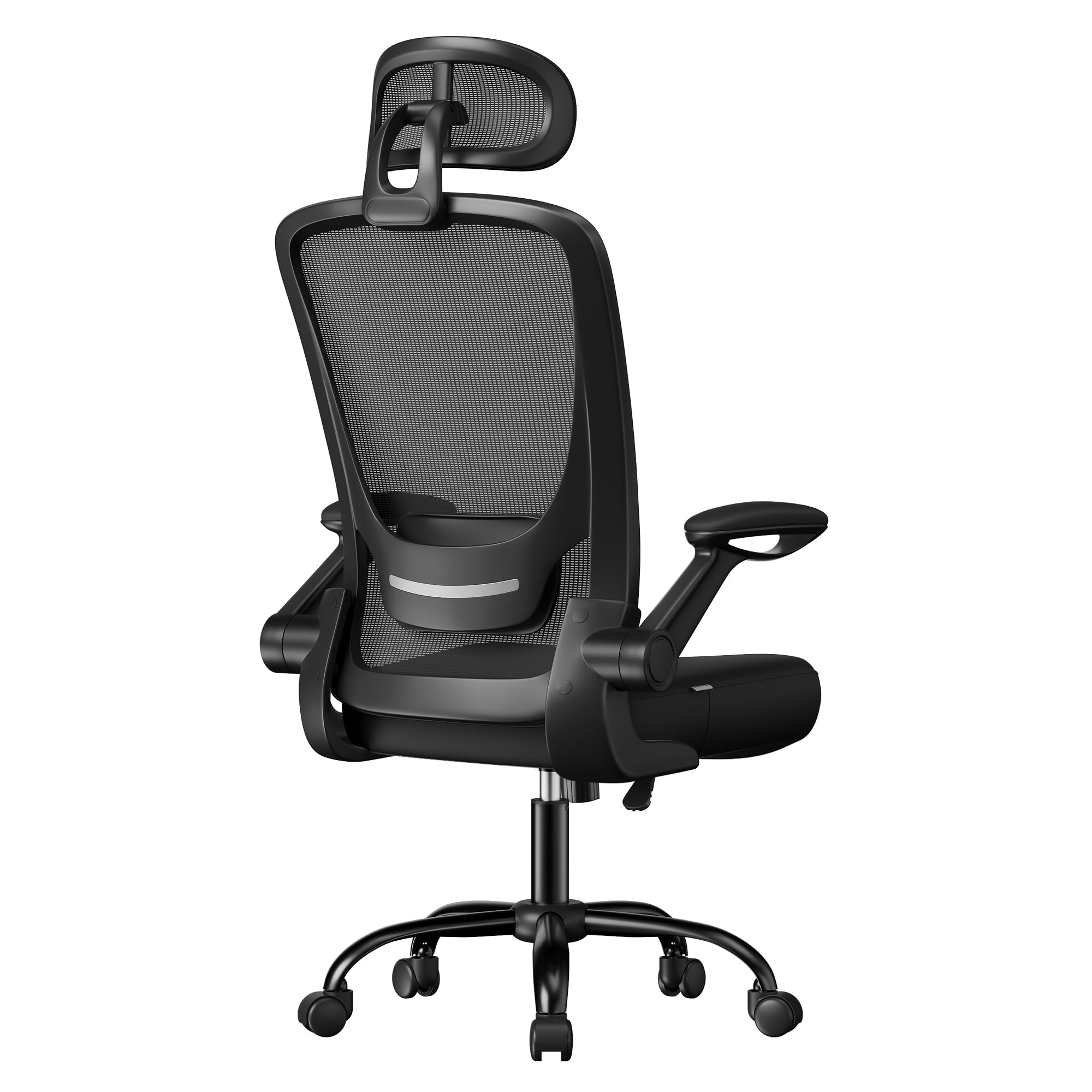 SONGMICS Office Chair, Mesh Swivel Chair, Ergonomic Lumbar and Head Support, Tilt Function, Wide Seat, Foldable Armrests, for Office Bedroom, Ink Black UOBN047B01