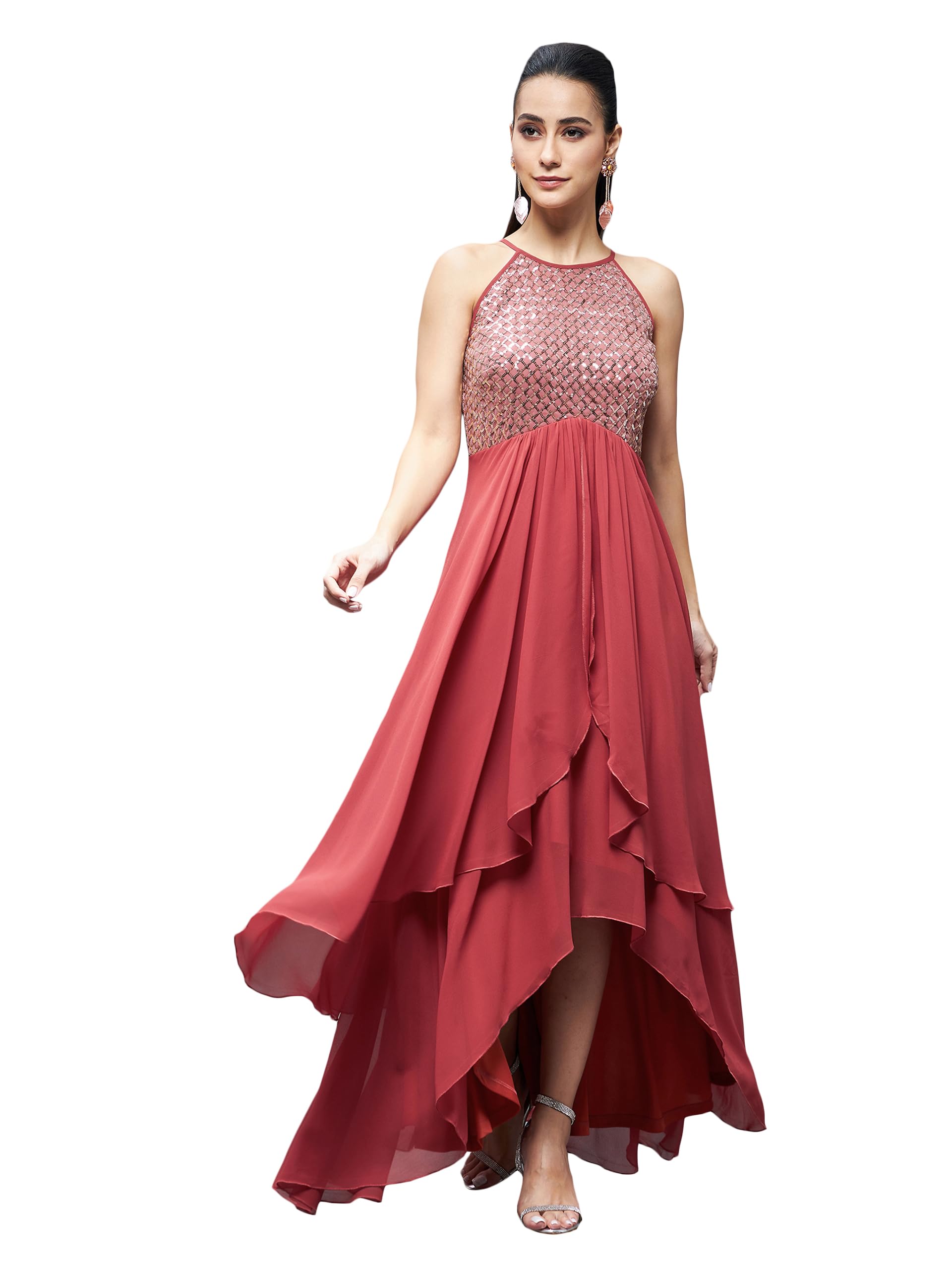 Miss Chase Women's Halter Neck Sleeveless Embellished Layered Maxi Dress (Mcss23D13-75-149-03, Brick Red, S)