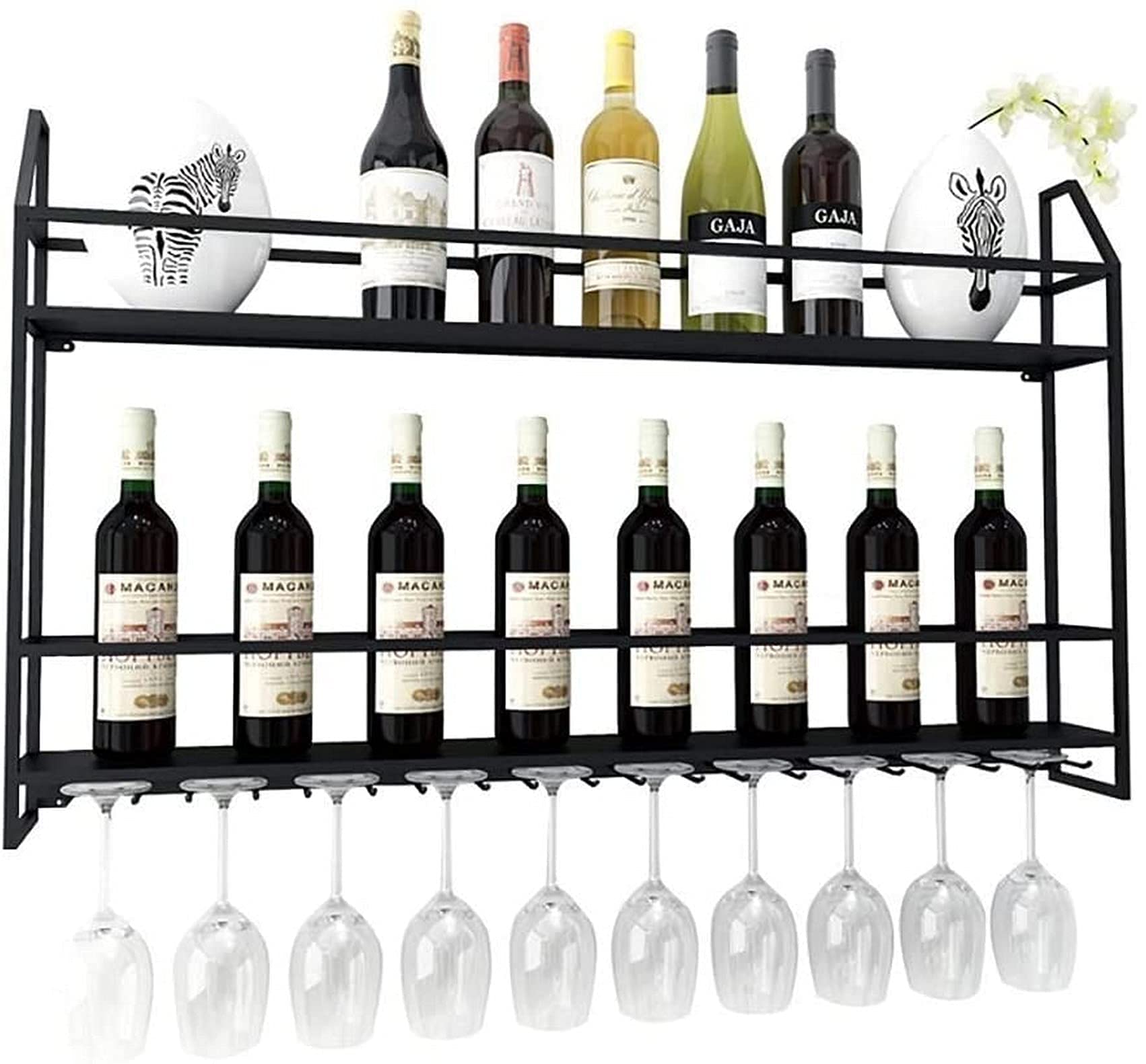 Casier à vin mural porte-verre suspendu, armoire métallique noire 2 couches
