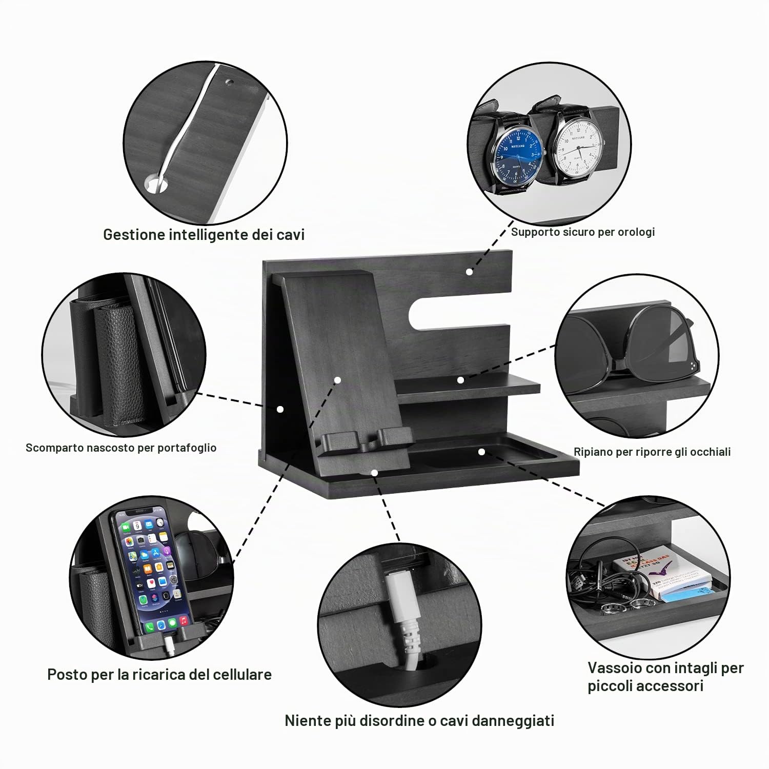 Docking station per telefono in legno, idea regalo per uomo, organizer da scrivania o comodino, regalo di compleanno per marito, festa del papà per papà, idea di anniversario da parte della moglie