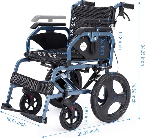 Miniatura 7 de Silla de ruedas plegable y ligera con frenos de mano, sillas de ruedas para adultos, pesa solo 28.5 libras, tubo cuadrado duradero y reposabrazos